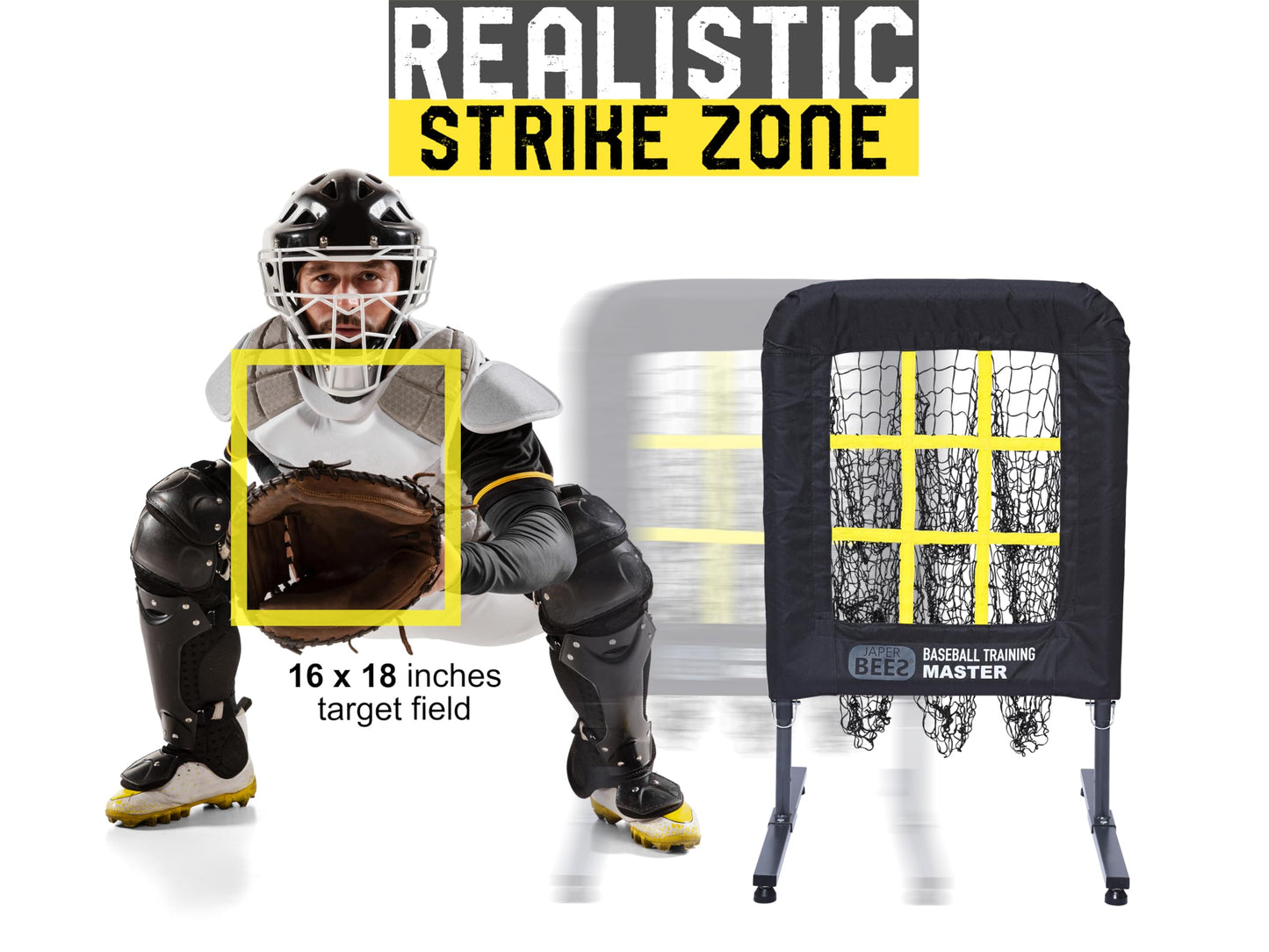 JAPER BEES Baseball Pitching Net with Strike Zone, 9 Hole Pitching Net Target, Portable Softball Pitcher Training Equipment Height Adjustable with Carrying Bag