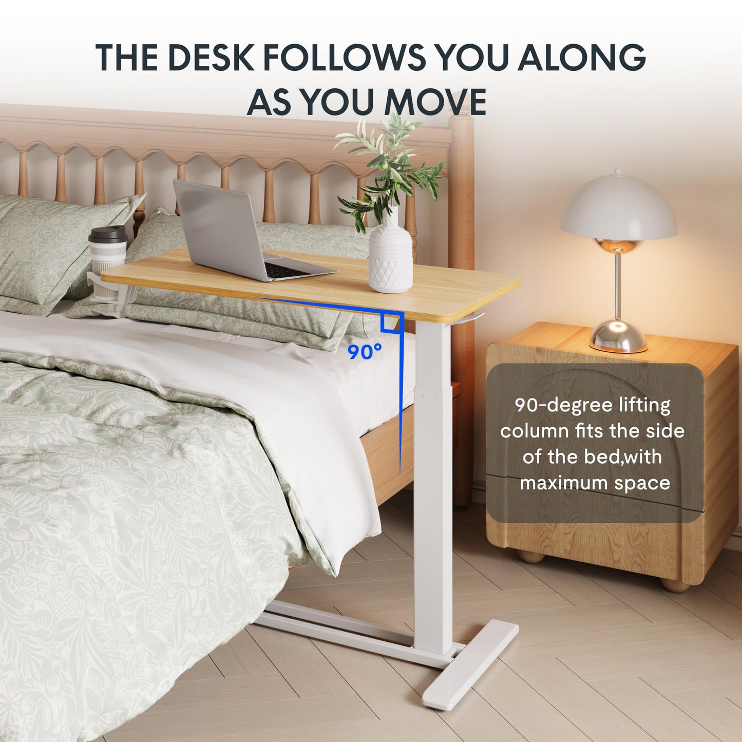 FLEXISPOT H7 Adjustable Overbed Bedside Table with Wheels Pneumatic Mobile Standing Desk Laptop Desk Rolling Computer Cart Movable Table Hospital Home Use(31.5" W x 17.7" D, Maple Large)