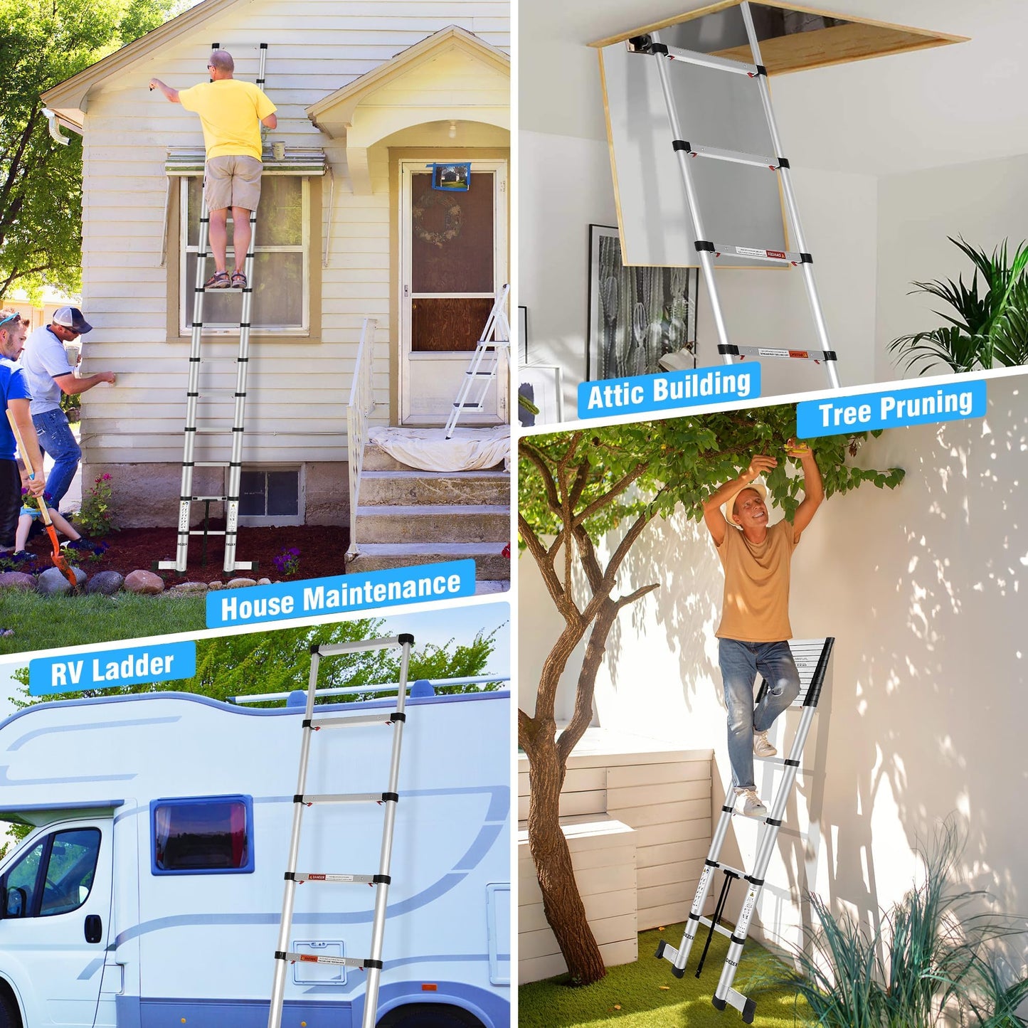 DEZEX 15.5 FT Aluminum Telescoping Ladders - One-Button Retraction Collapsible Extension Ladder for Home,RV,Attic,Lasts 330 LBS with Swivel Feet and Non-Slip Cushion