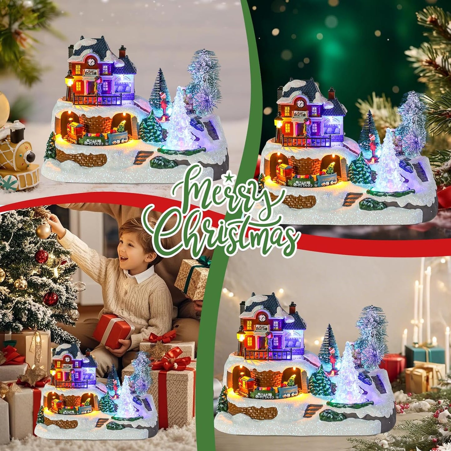 Wonder Garden Christmas Village Houses - Lighted Musical Railway Station with Moving Train & Animated Figurines for Indoor Decor