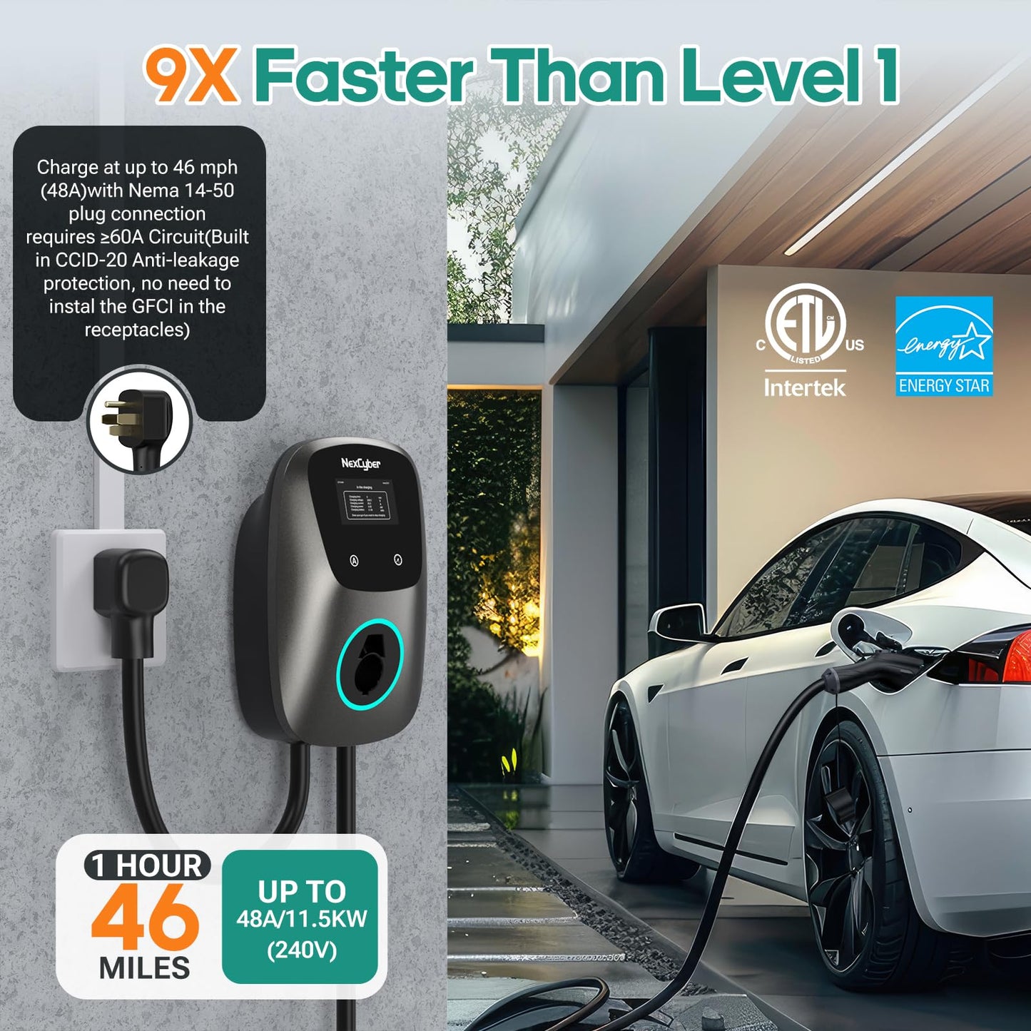 NexCyber Level 2 EV Charger(WiFi APP/Plug-Play), 48A Nema 14-50p, 25ft Cable ETL Certified, Home Level 2 EVSE Car Charger w/ J1772 Connector, Electric Vehicle Charging Stations (46)