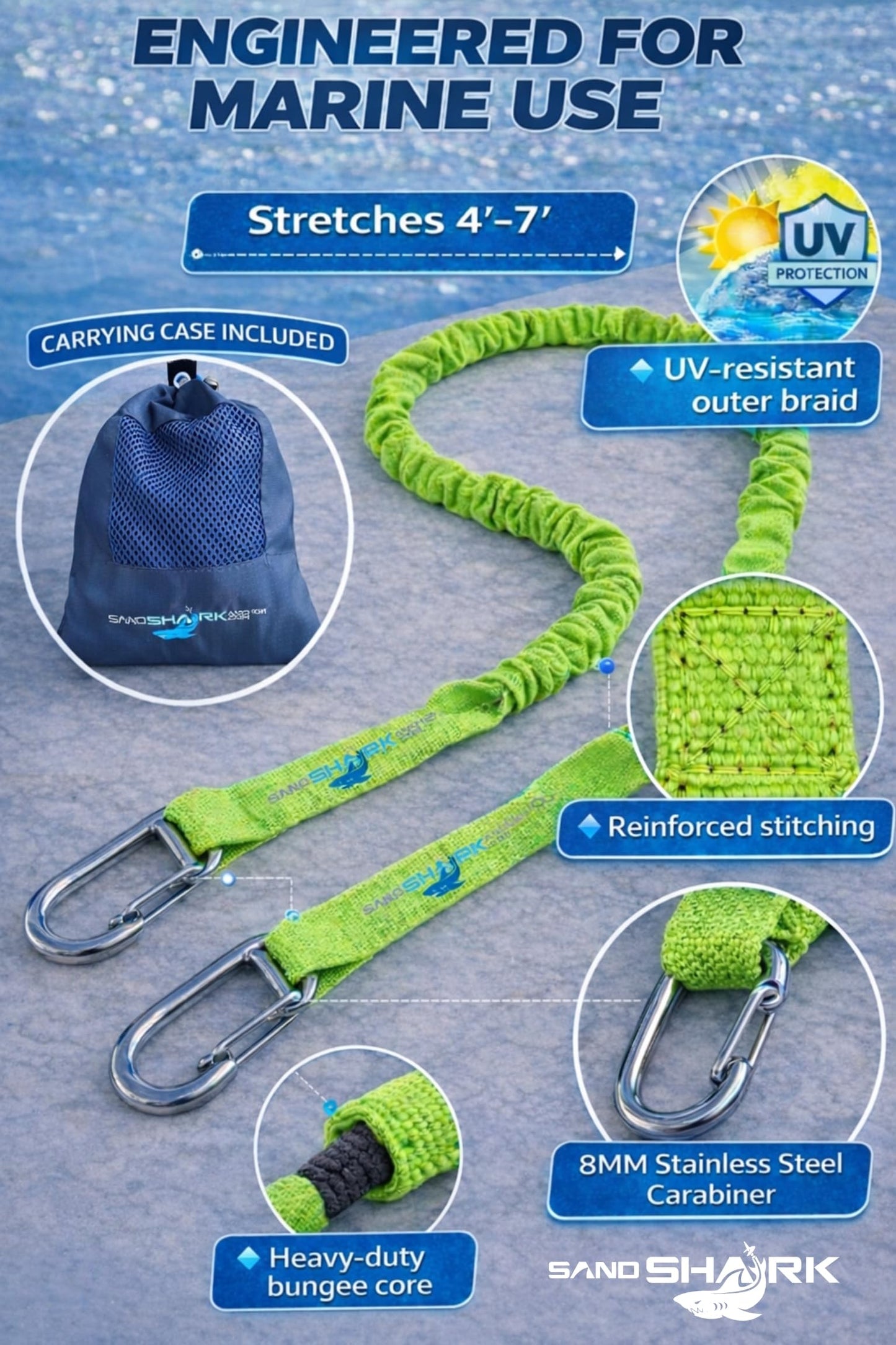 SandShark Premium Flat Bungee Dock Line – Stretches 4-7 FT - Boat & Jet Ski Dock Lines with Stainless Steel Carabiners – Shock Absorbing Mooring Rope for PWC, Boats & Pontoons. Blue