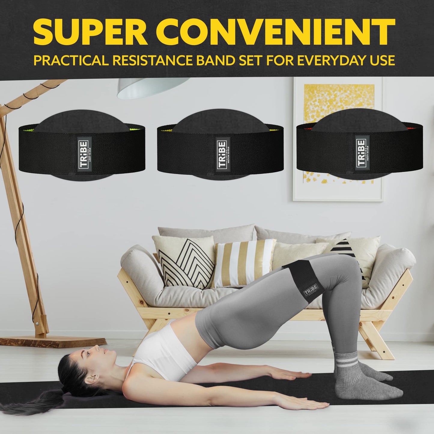 Tribe Lifting Resistance Bands for Working Out - 3 Pack Fabric Workout Bands for Women and Men - Booty Bands for Legs and Glute - Non Slip Exercise Bands Set for Squat Hip Thigh (Black)