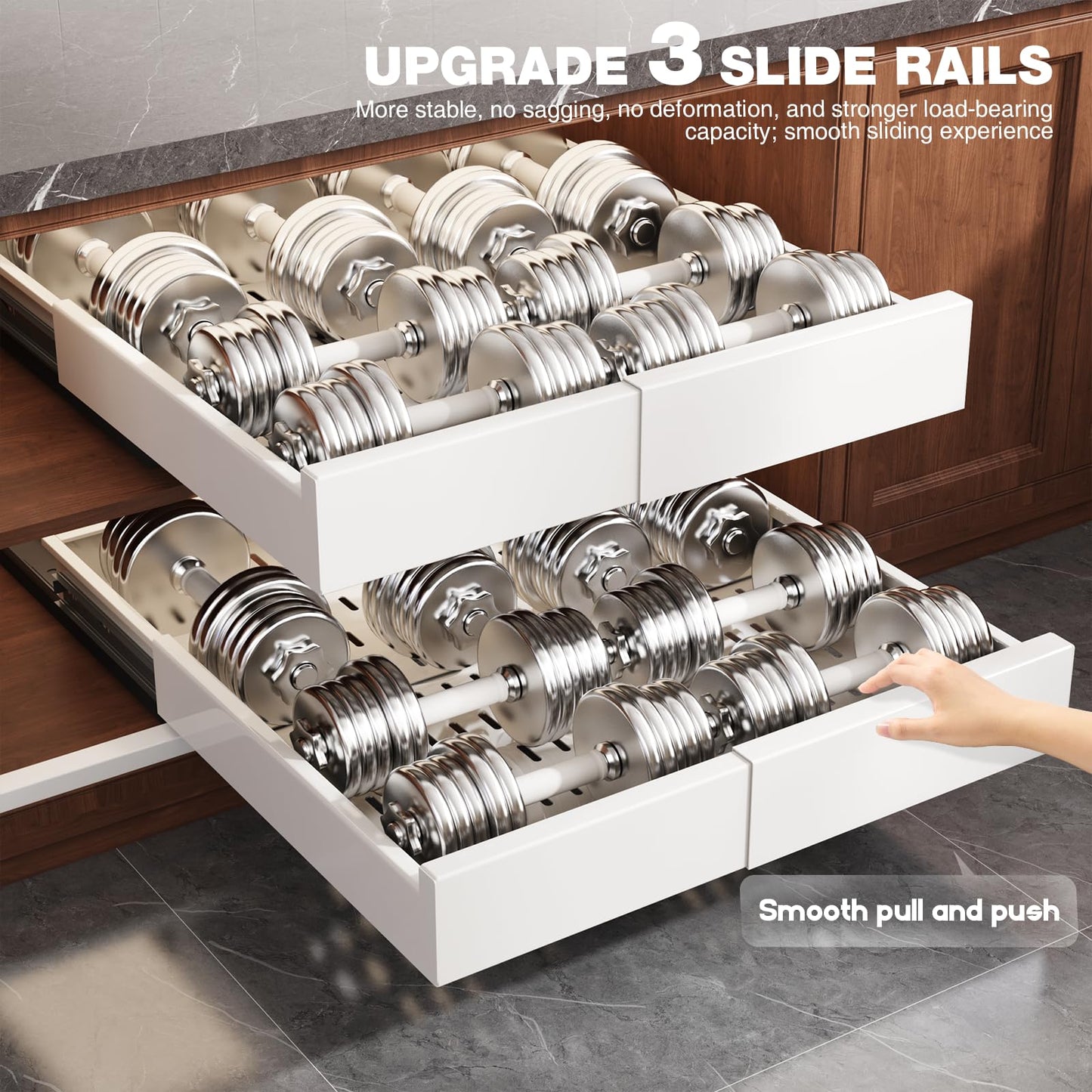Seinloes 1 Pack Pull Out Cabinet Organizer Expandable Width(13"-21") and Depth(17"-24"), Slide Out Drawers With Raising Pad for Framed Cabinets, No Drill Roll Out Shelves for kitchen, Bathroom, White