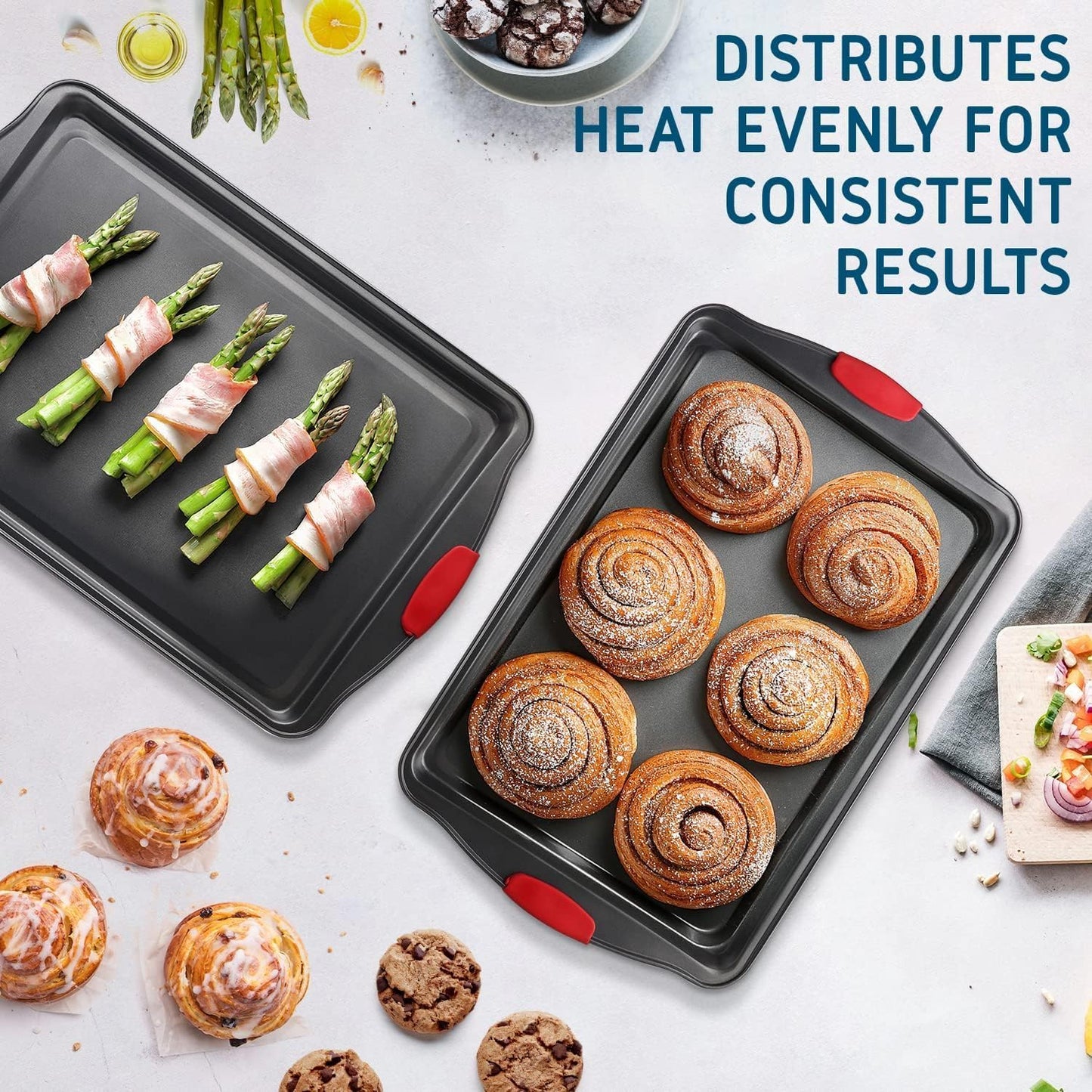 Skiennix Baking Sheet Set - 2-Piece Nonstick Cookie Sheets with Silicone Handles | BPA-Free Steel Pans