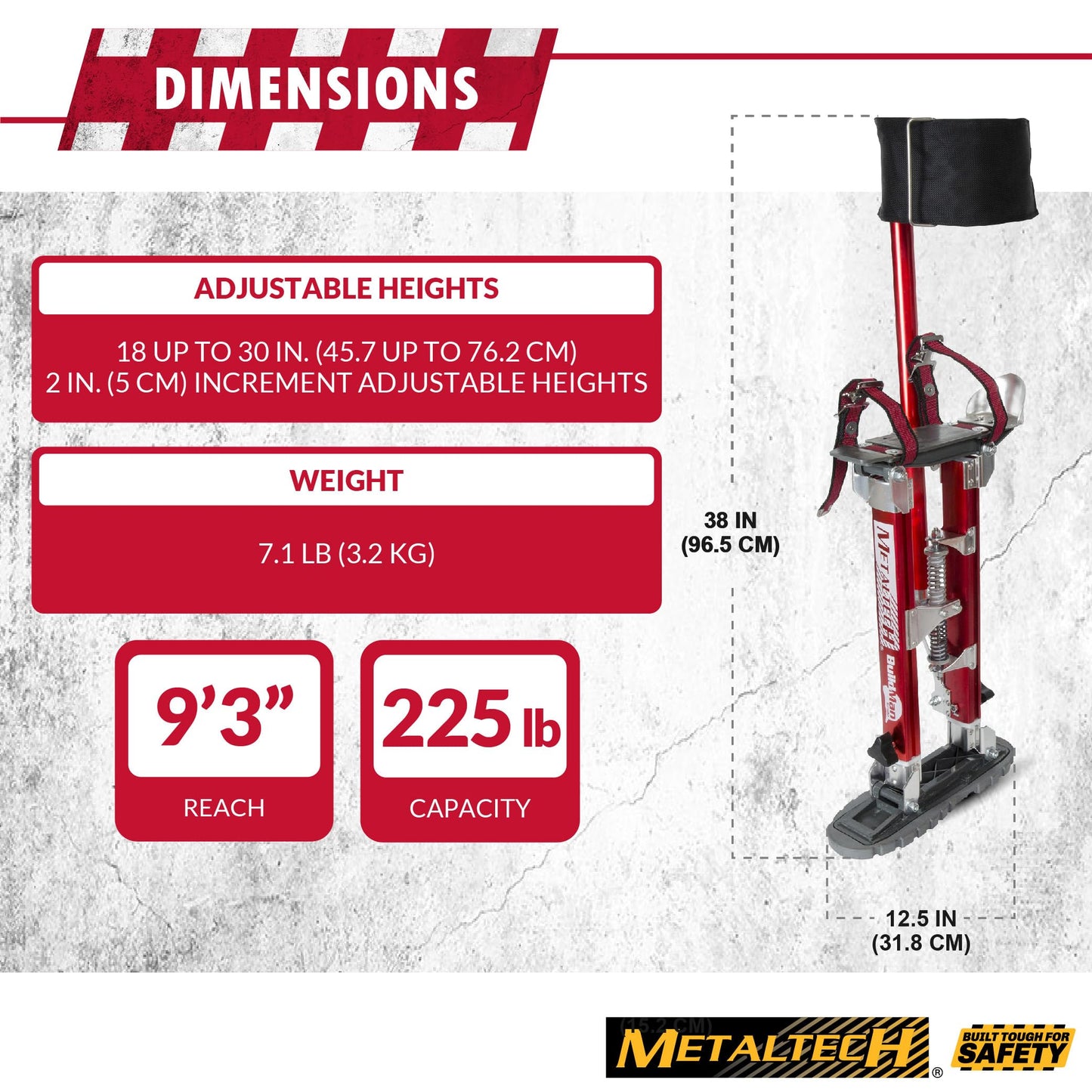 Metaltech I-BMDS1830 BuildMan Grade 18-in. to 30-in. Drywall Stilts 2-Pack, Anodized Aluminum Stilts for Adults, Drywall Tools for Home Improvement, Paint Stilts with Anti-Fatigue Comfort Straps