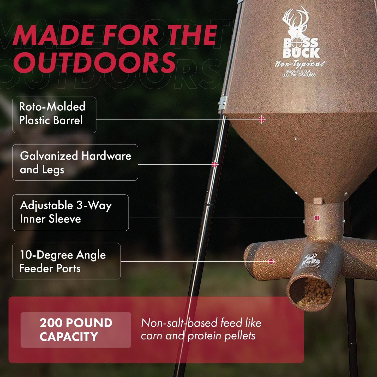 Boss Buck Gravity Deer Feeder for Game & Hunting w/Adjustable Flow, 200 lb Corn Capacity - All-Season Automatic Wildlife Feeding System with 75-Inch Galvanized Legs and 3-Way Feed Ports