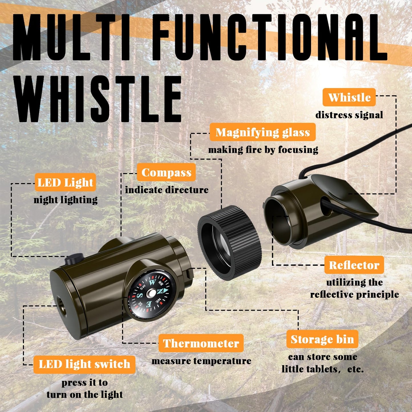 Xuhal 4 Pack Emergency Survival Whistle Loud Safety Whistle 7-in-1 Multifunctional Outdoor Survival Tool with Compass Thermometer LED Light Magnifier for Hiking Camping Boating Kayaking and Rescue