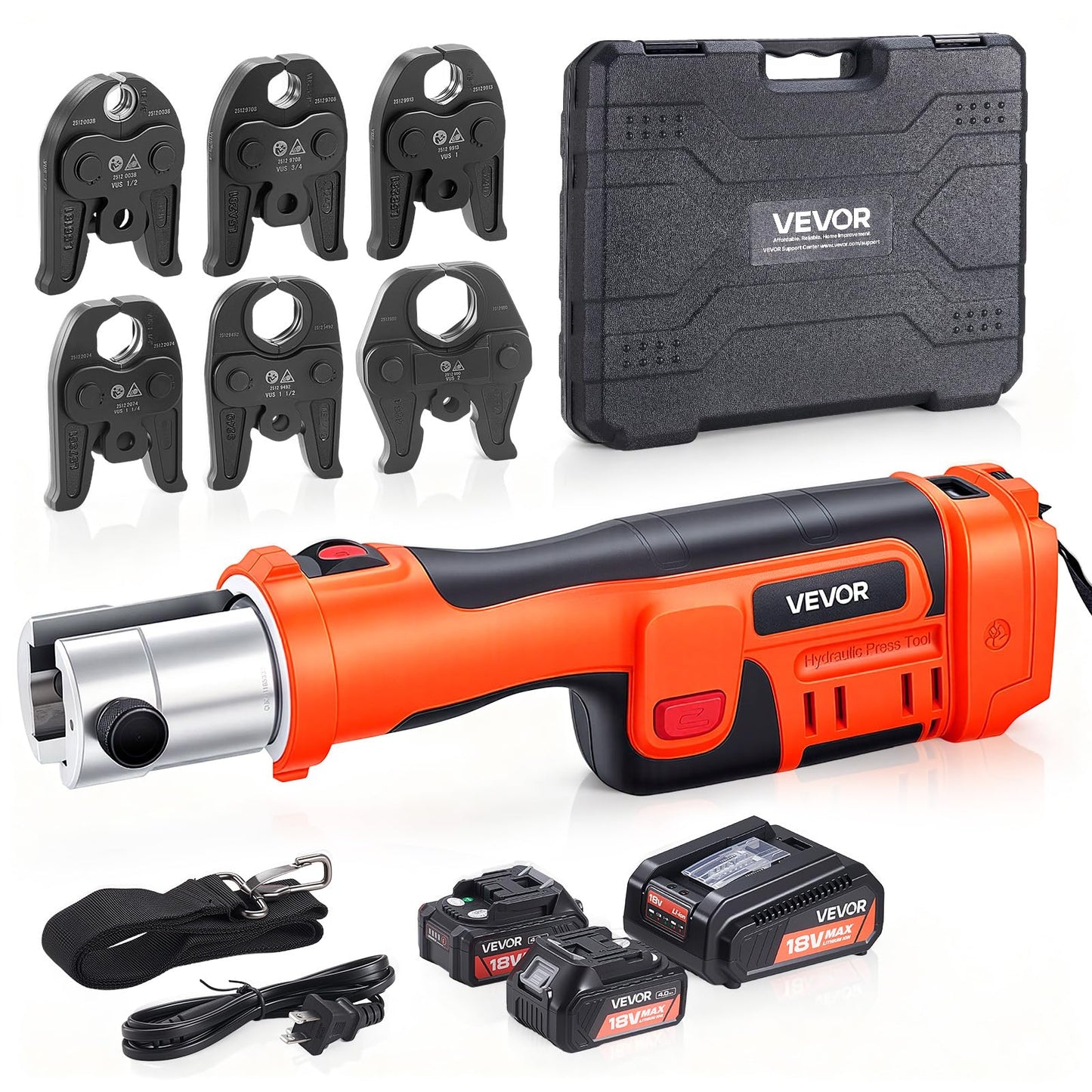 VEVOR Press Tool, 18V Electric Crimping Tool for 1/2", 3/4", 1", 1-1/4", 1-1/2", 2" Copper Pipes, 32KN Press Tool Compatible with ProPress - with 6 VUS Jaws, 2PCS 4AH Batteries, Charger & Toolbox