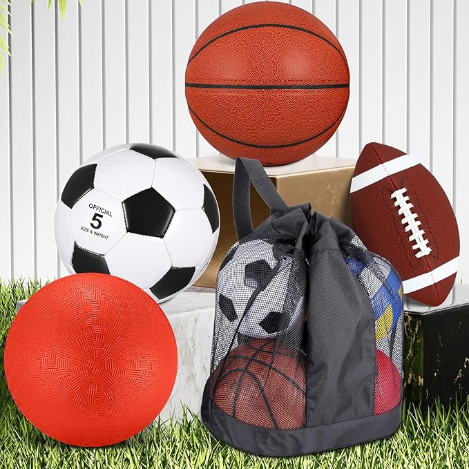 Lenwen 4 Pcs Sports Balls Set, Include Official Size Basketball Soccer Football Playground Ball Pump Equipment Bag for Teen Adult Gift Operation Christmas Ball Gifts