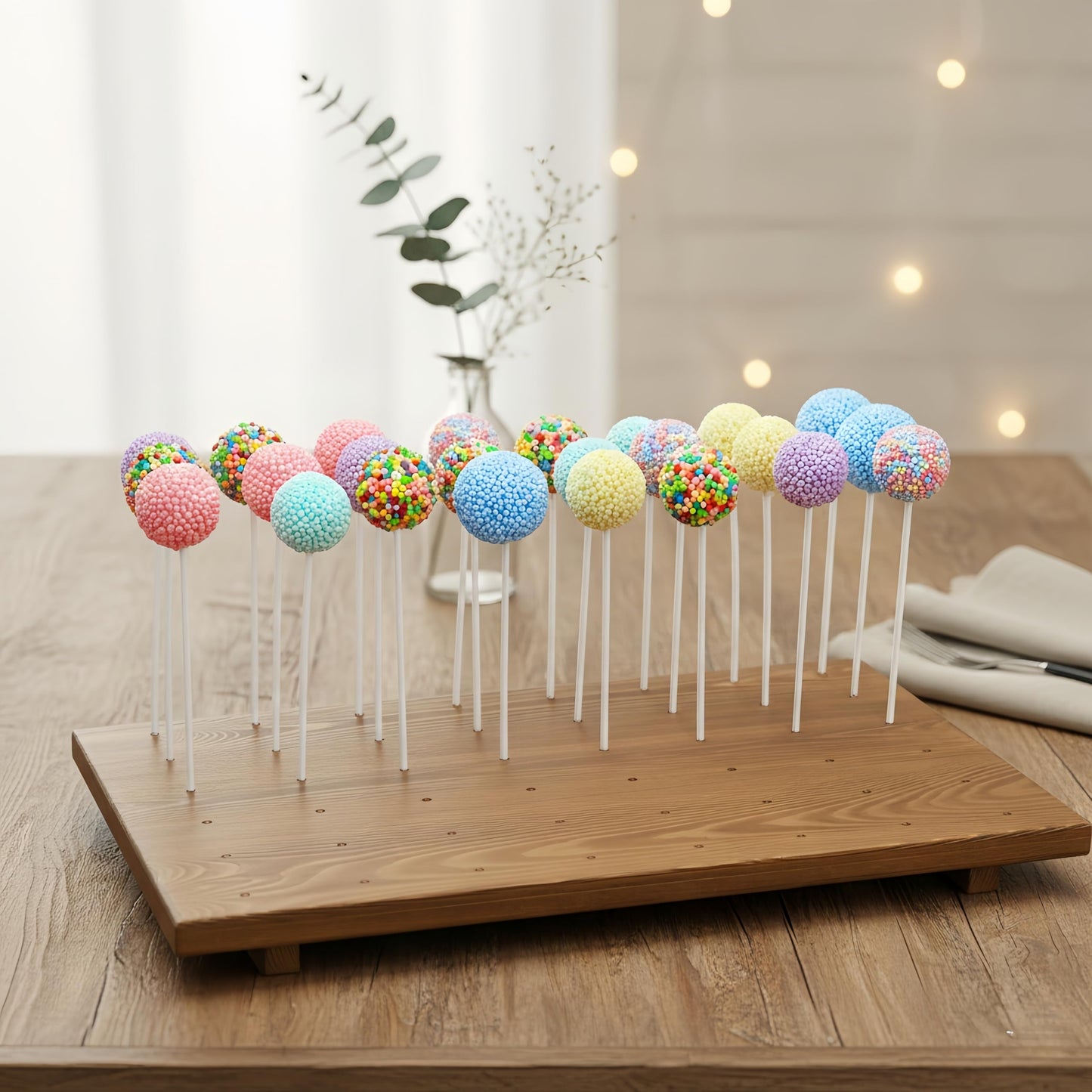 Relaxing Garden 48 Hole Cake Pop Stand, Wooden Cake Pop Display Board with 100 Sticks, 100 Treat Bags & 100 Twist Ties, Dessert Table Holder for Birthday, Baby Shower, Wedding & Parties