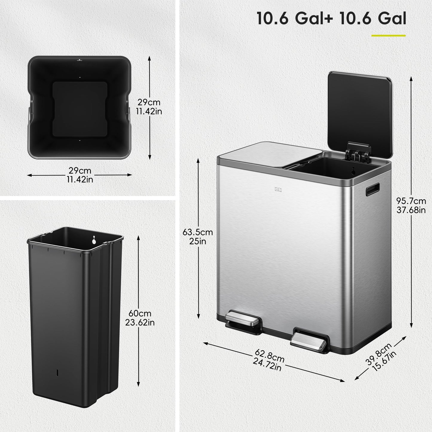 EKO EcoCasa Plus 2 x 10.6 Gal Dual Recycling Trash Can for Kitchen, Large Stainless Steel Step-On Garbage Can with Soft-Close Lids, Odor-Proof and Fingerprint-Resistant, Removable Buckets with Handles