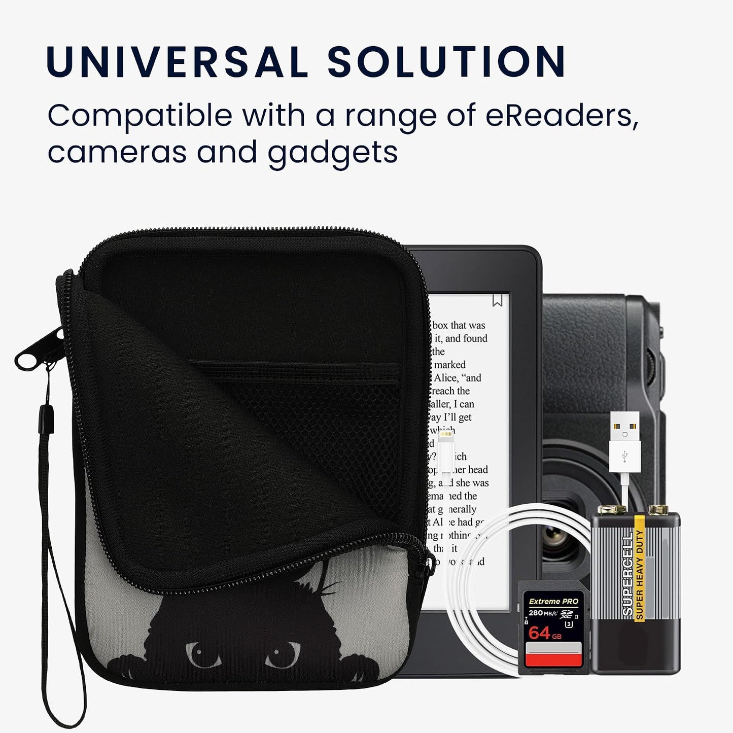 kwmobile 6" Neoprene e-Reader Pouch Size eReader - Universal eBook Sleeve Case with Zipper, Wrist Strap - Grey/Black