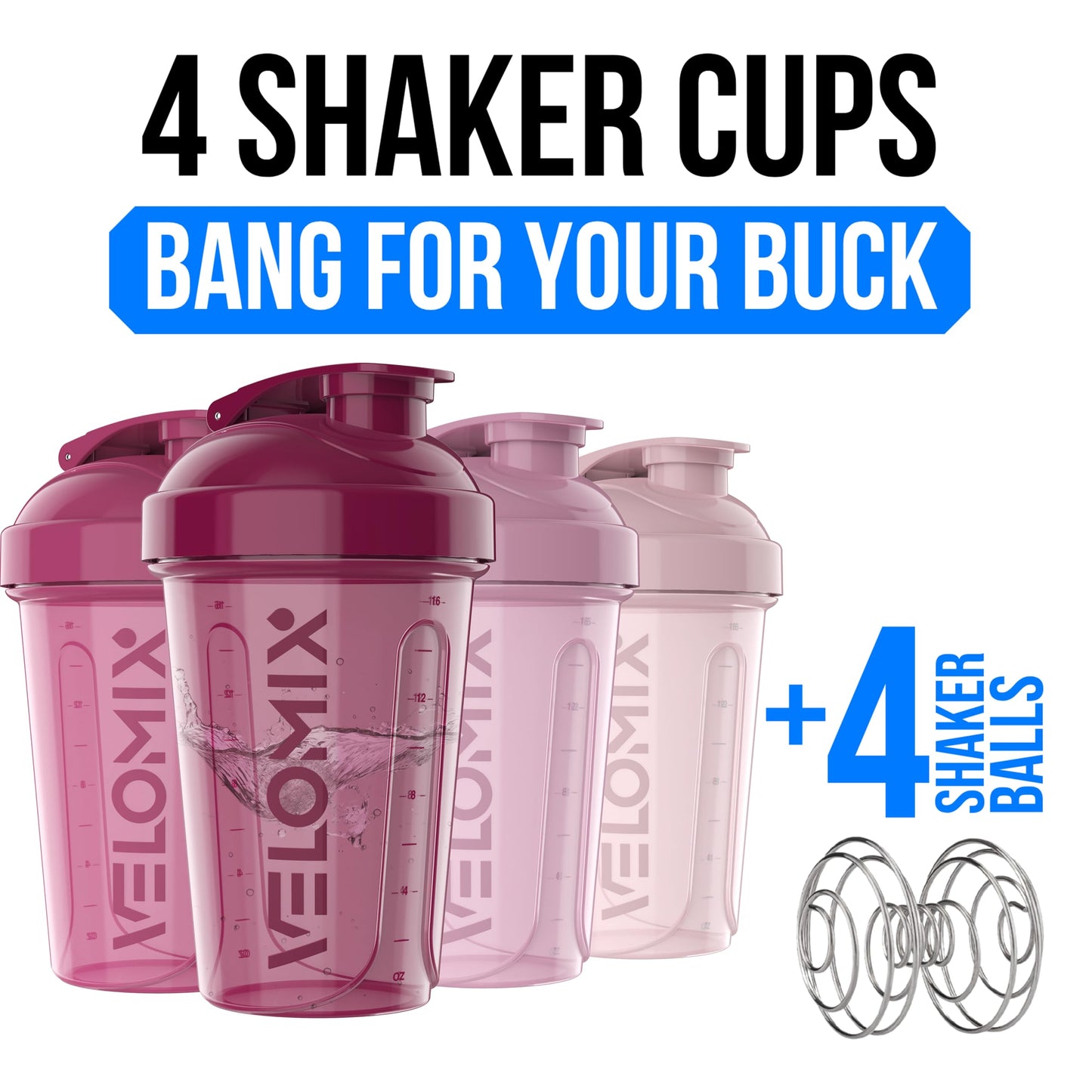 VELOMIX -4 PACK- 20 OZ Protein Shaker Bottle for Protein Mixes - 4x Wire Whisk | Leak Proof Shaker Cups for Protein Shakes | Stackable Protein Shaker Bottle Pack | Dishwasher Safe (Berry Blend)