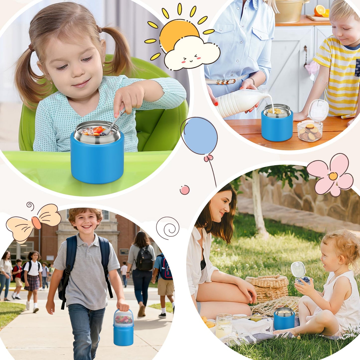 14 oz Soup Thermo for Hot Food with 7 oz Snack Container, Leak-Proof Insulated Lunch Container Kids and Adults, Stainless Steel Double Wall Vacuum Wide-mouth Thermal with Spoon and Handle-Blue