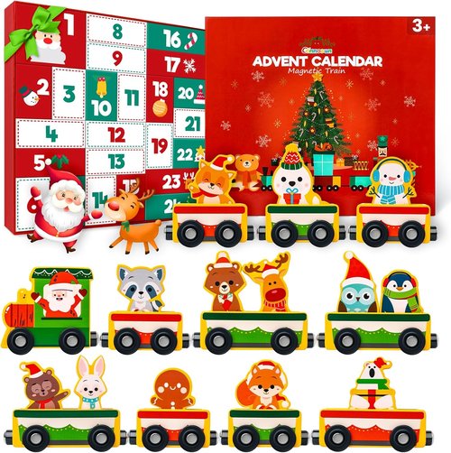 Commodum Christmas Advent Calendar - Magnetic Wooden Animals Train Set for Kids | 24 Days of Fun