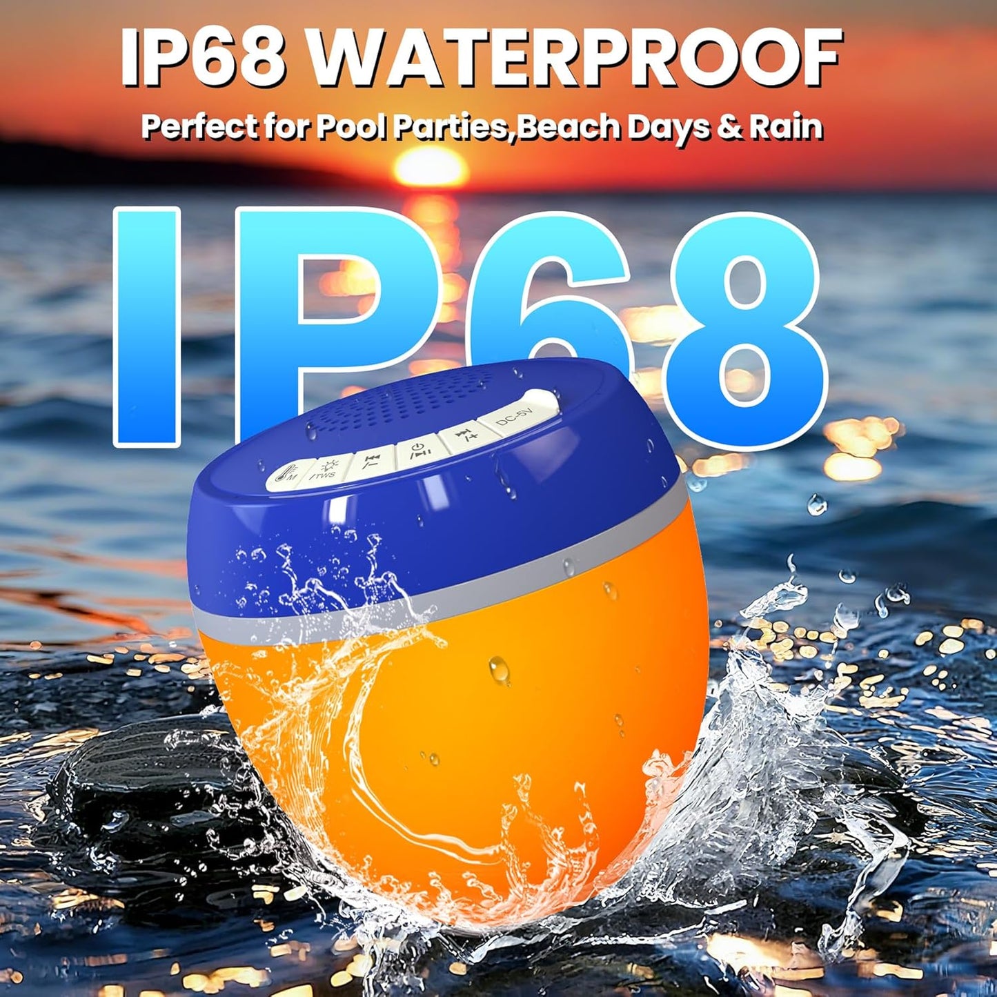 LanAqua 3 1 IP68 in Bluetooth Pool Speaker with Digital Thermometer, Floating Pool Speaker with Colorful Lights,Hot Tub