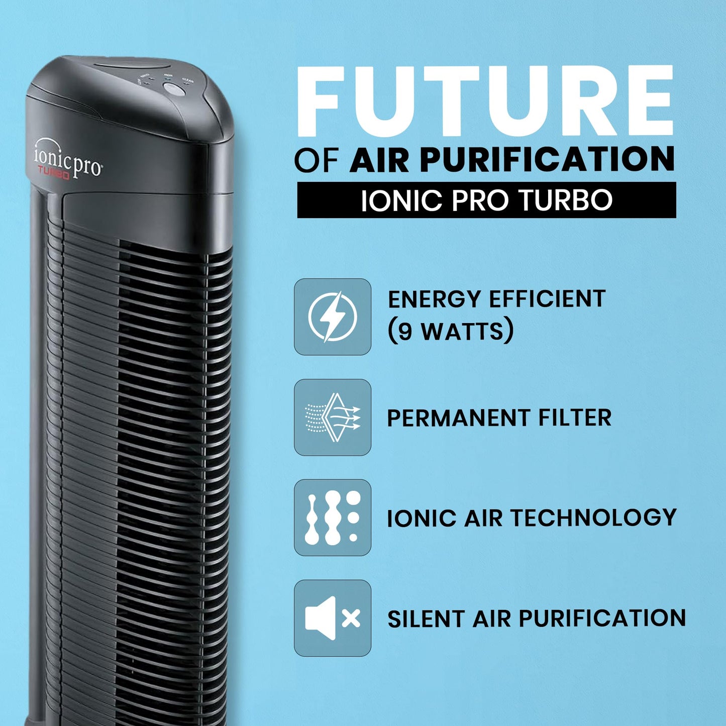 Ionic Pro Turbo (TA550) Ionic Air Purifier Tower for Home, Quiet Ionic Filterless Design, Covers Up to 600 Sq. Ft., Removes Odors, Smoke, Dust, and Allergens – Black
