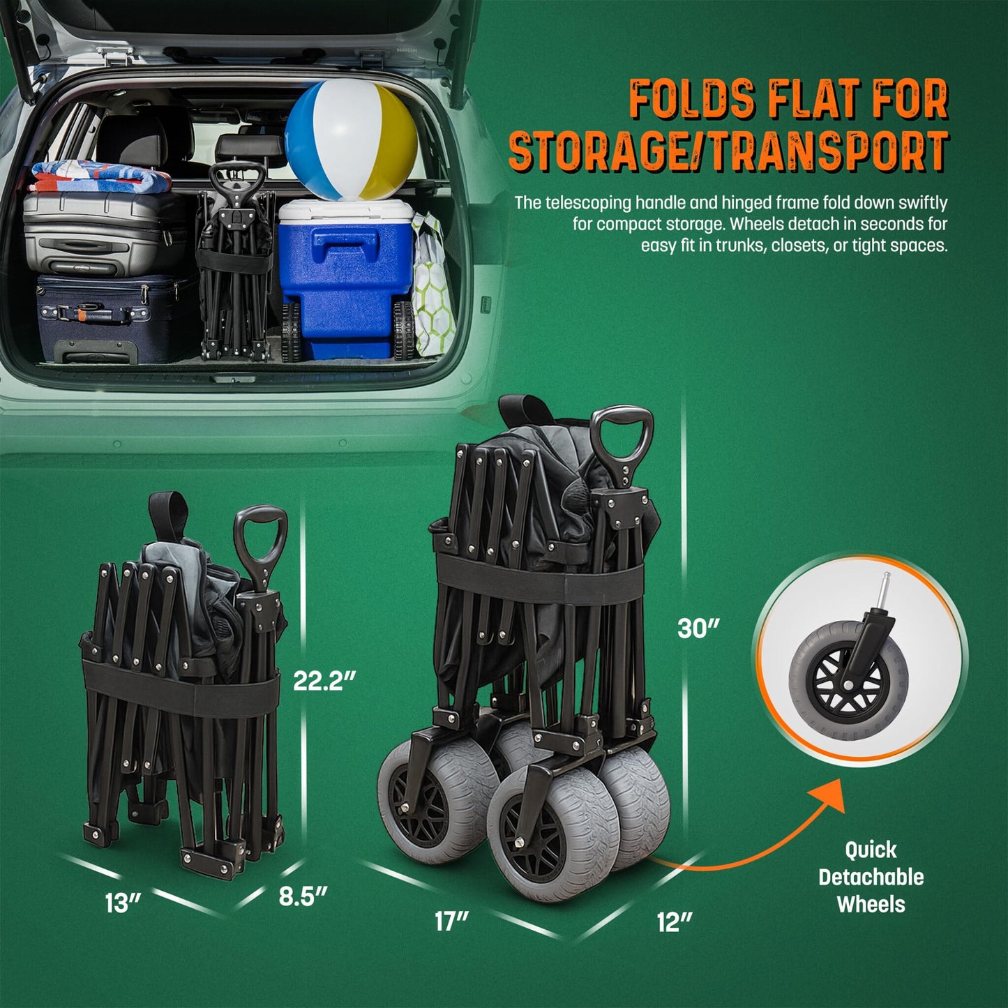 All-Terrain Beach Wagon with Big Wheels for Sand - Extra Large Utility Cart with 9" Off-Road Tires, Heavy Duty 300lb Capacity [Outlander-XL by Stratton Forge] Black