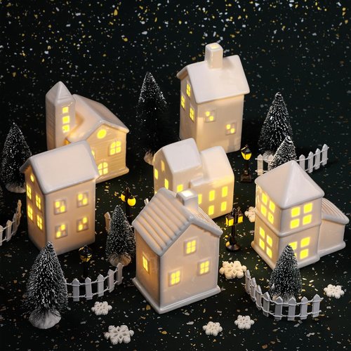 Fovths LED Lighted Ceramic Winter Village Figurines - 39-Piece Holiday Desktop Ornament Set