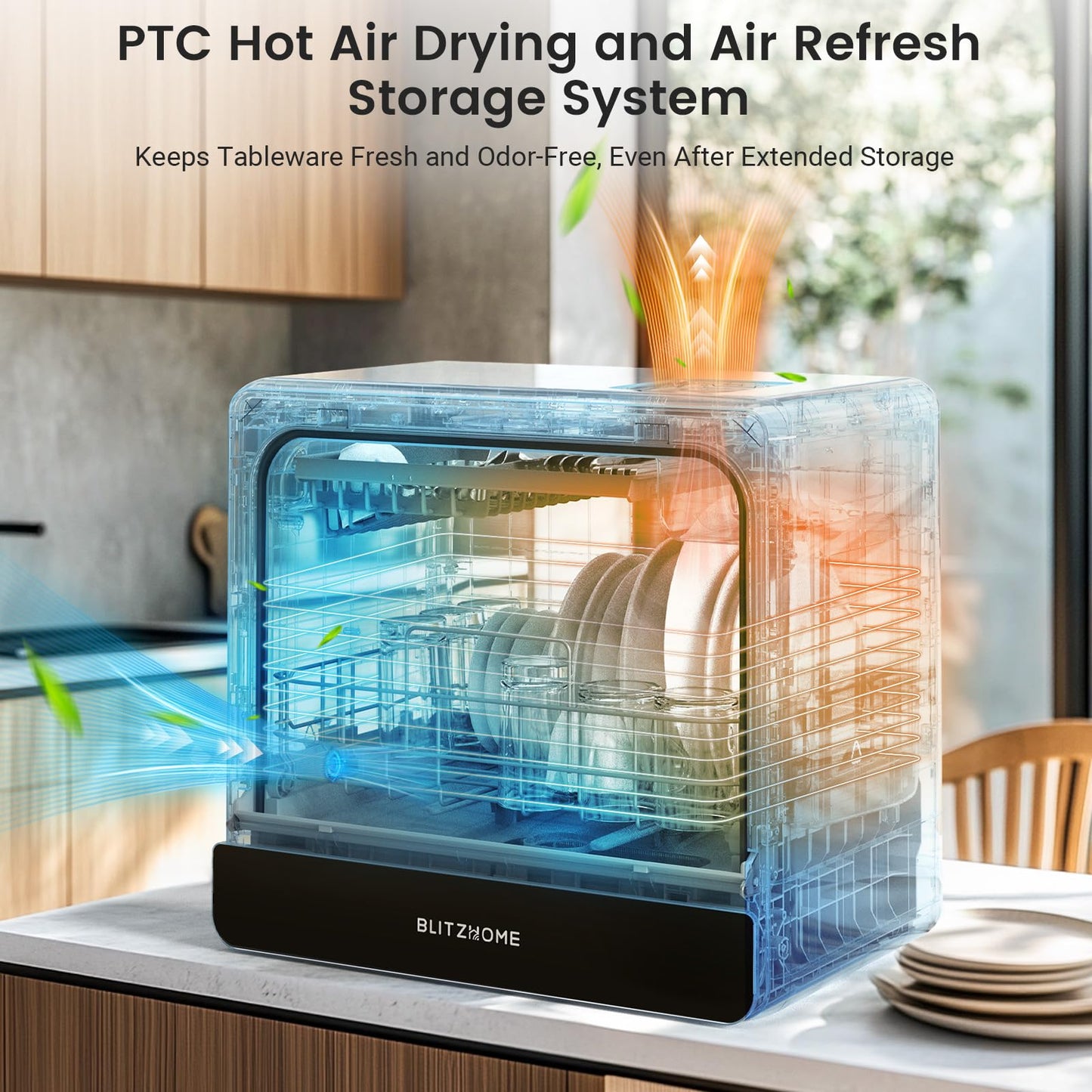 BLITZHOME WiFi Countertop Portable Mini Dishwasher, Smart 9 Programs,167℉ High-Temp, Hot Air Drying, Air Refresh, 360° 3 Spray, 24H Timing, LED Light, 5.2L Built-in Water Tank for Apartments RVs