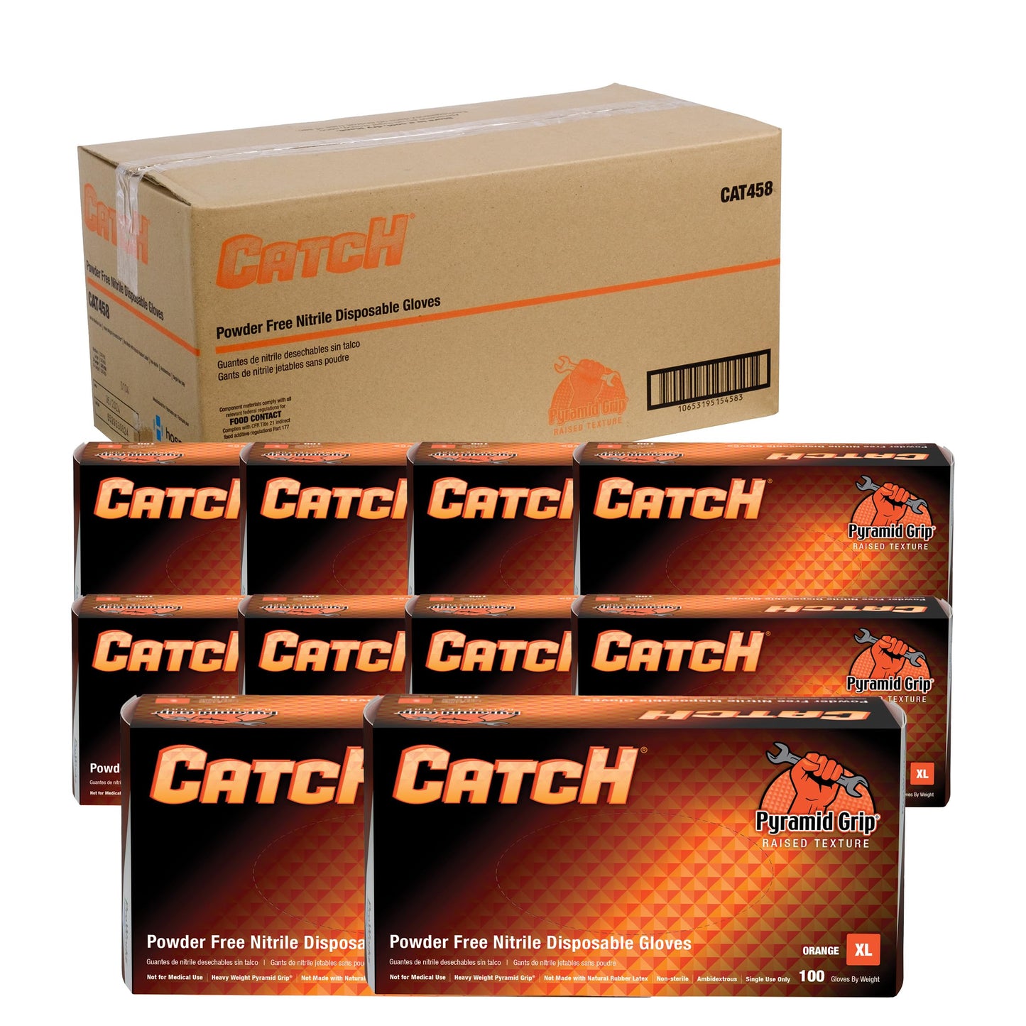 Adenna ProWorks CATCH Disposable Nitrile Gloves – 9 Mil, Heavy Duty Work Rubber Glove with Raised Pyramid Grip, Non–Latex & Powder Free, Case of 900, X–Large, Orange