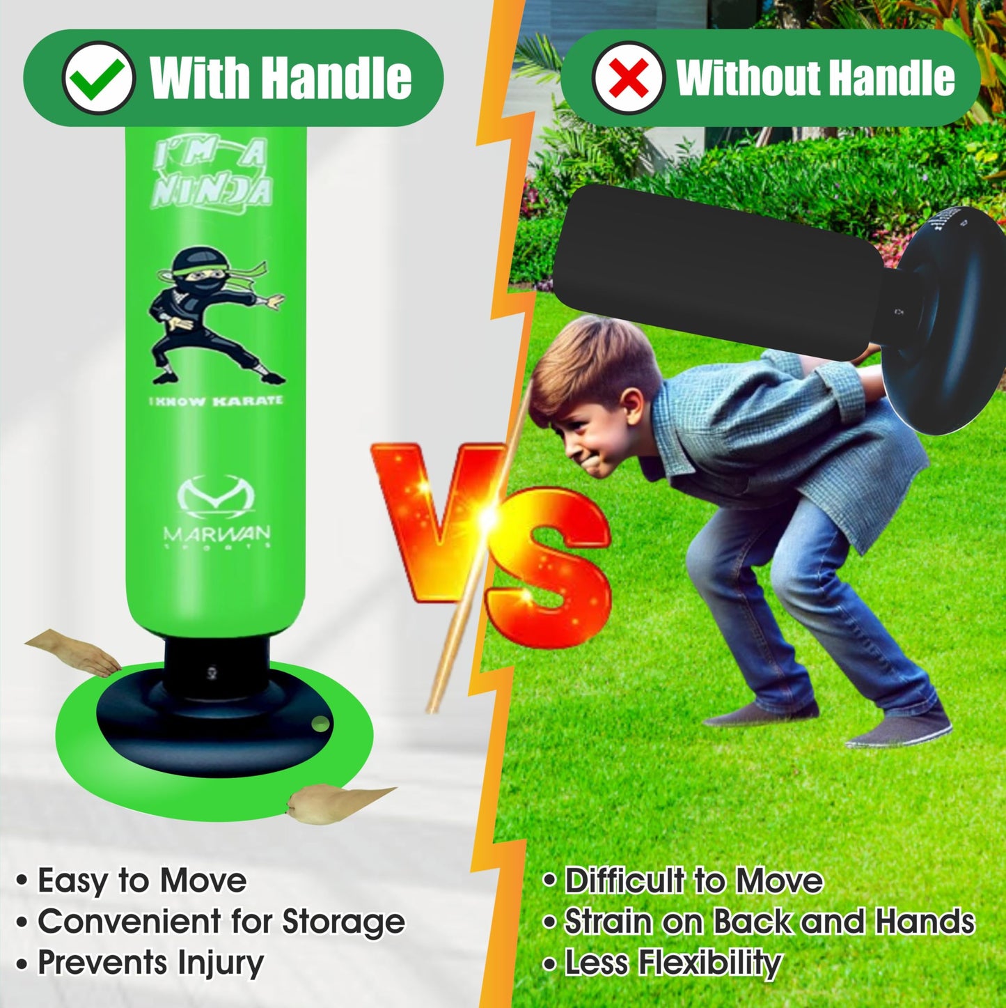 Marwan Sports Ninja Inflatable Punching Bag for Kids 4-12, Indoor Active Play for Sensory Seekers & High-Energy Kids, 63" 5-in-1: Gloves, Manual Pump, Funnel & Drag-Handle Base Cover, Apartment-Quiet