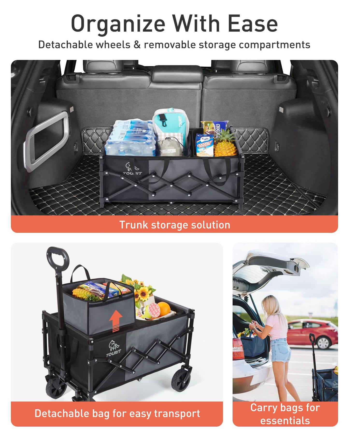 TOURIT Foldable Collapsible Wagon with All Terrain Wheels, Heavy Duty Portable Cart for Camping Beach Shopping, 330 lbs Capacity Utility Cart, Black