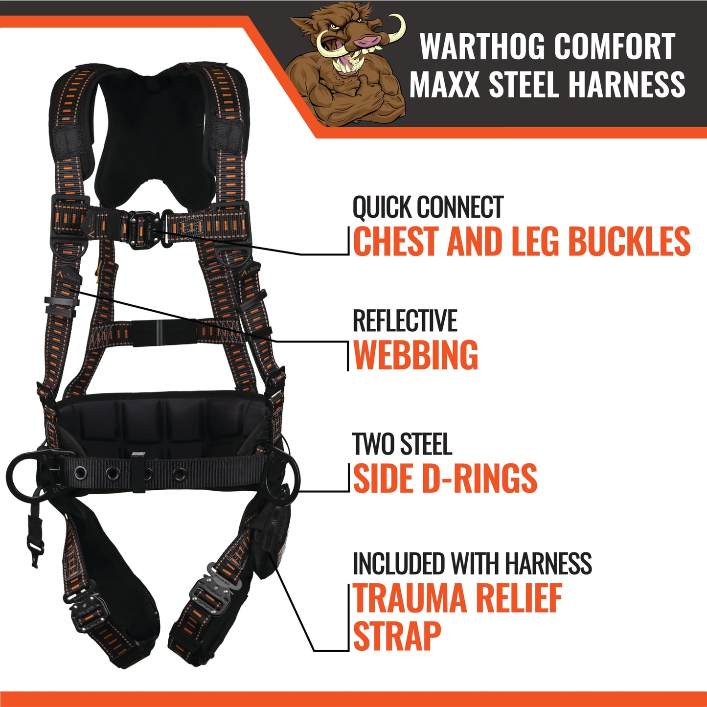 Malta Dynamics Warthog Comfort MAXX Steel Harness – Full-Body Fall Protection Harness and Adjustable Safety Harness with D-Rings, Shoulder and Leg Padding for Construction, OSHA & ANSI Compliant