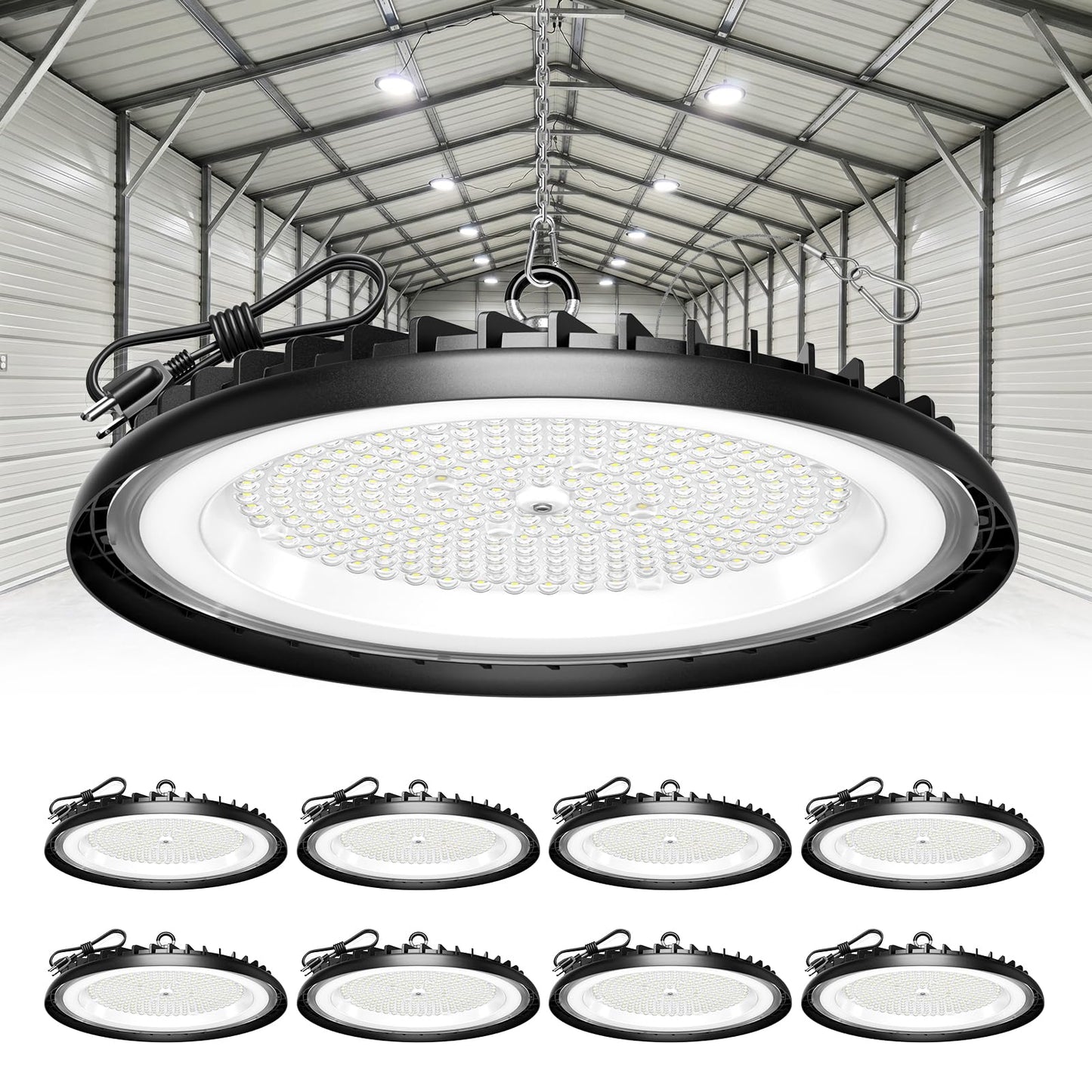 New Super Bright Ultra-Thin 200w High Bay Led Shop Lights| 30000LM 5000K UFO Led High Bay Light with 5ft Cable Hook Safe Rope| Shop&Garage Lighting Lights for Factory Workshop Warehouse Garage Barn