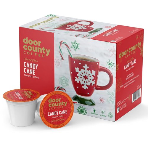 Door County Coffee | Candy Cane Holiday Flavored Ground Coffee - 60 Count Single Serve Cups - Medium Roast