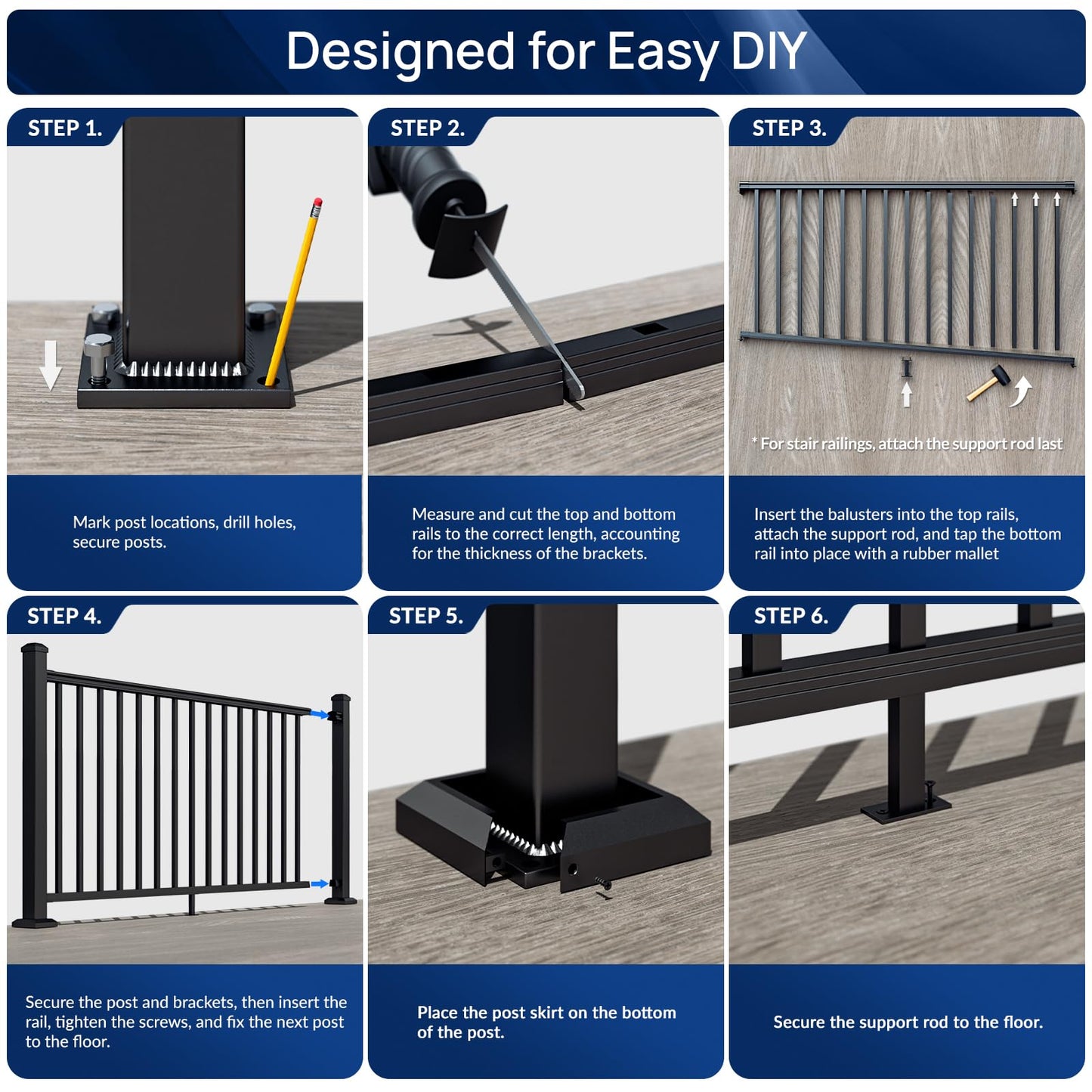 Egadis 36 in. H x 24 ft. W Black Deck Railing Kit with 4 Post, Textured AAMA 2604 Powder-Coat Finish Modular Aluminum Railing System for Outdoor Decks, Porches & Balconies(3 Panel, 4 Post)