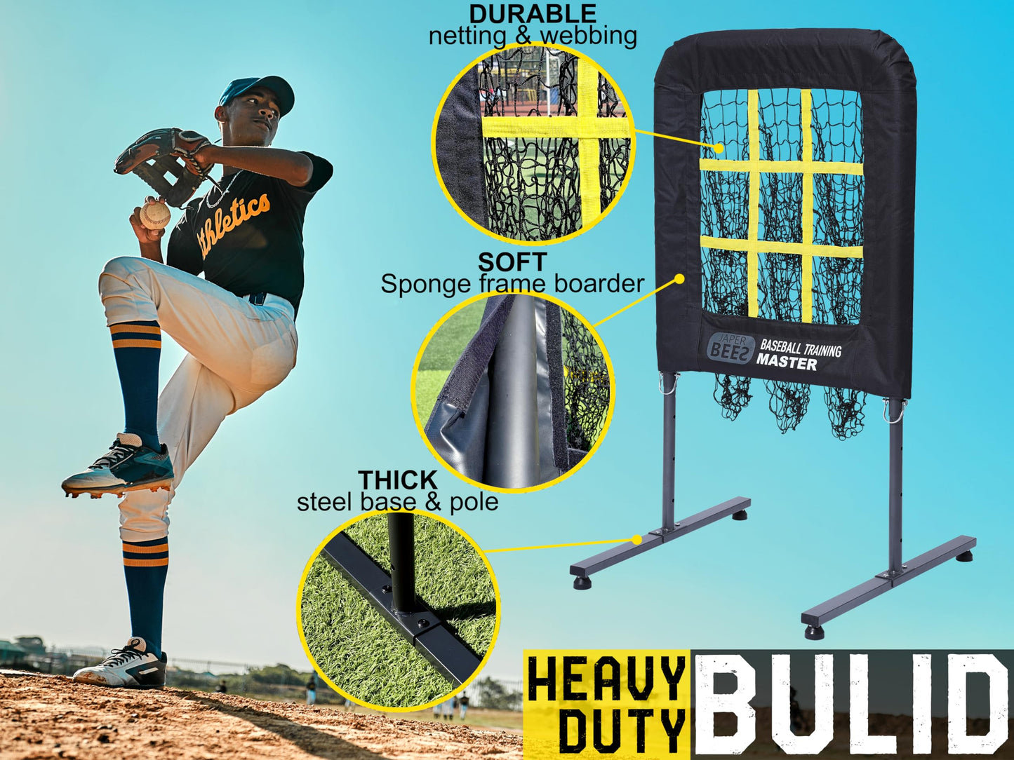 JAPER BEES Baseball Pitching Net with Strike Zone, 9 Hole Pitching Net Target, Portable Softball Pitcher Training Equipment Height Adjustable with Carrying Bag
