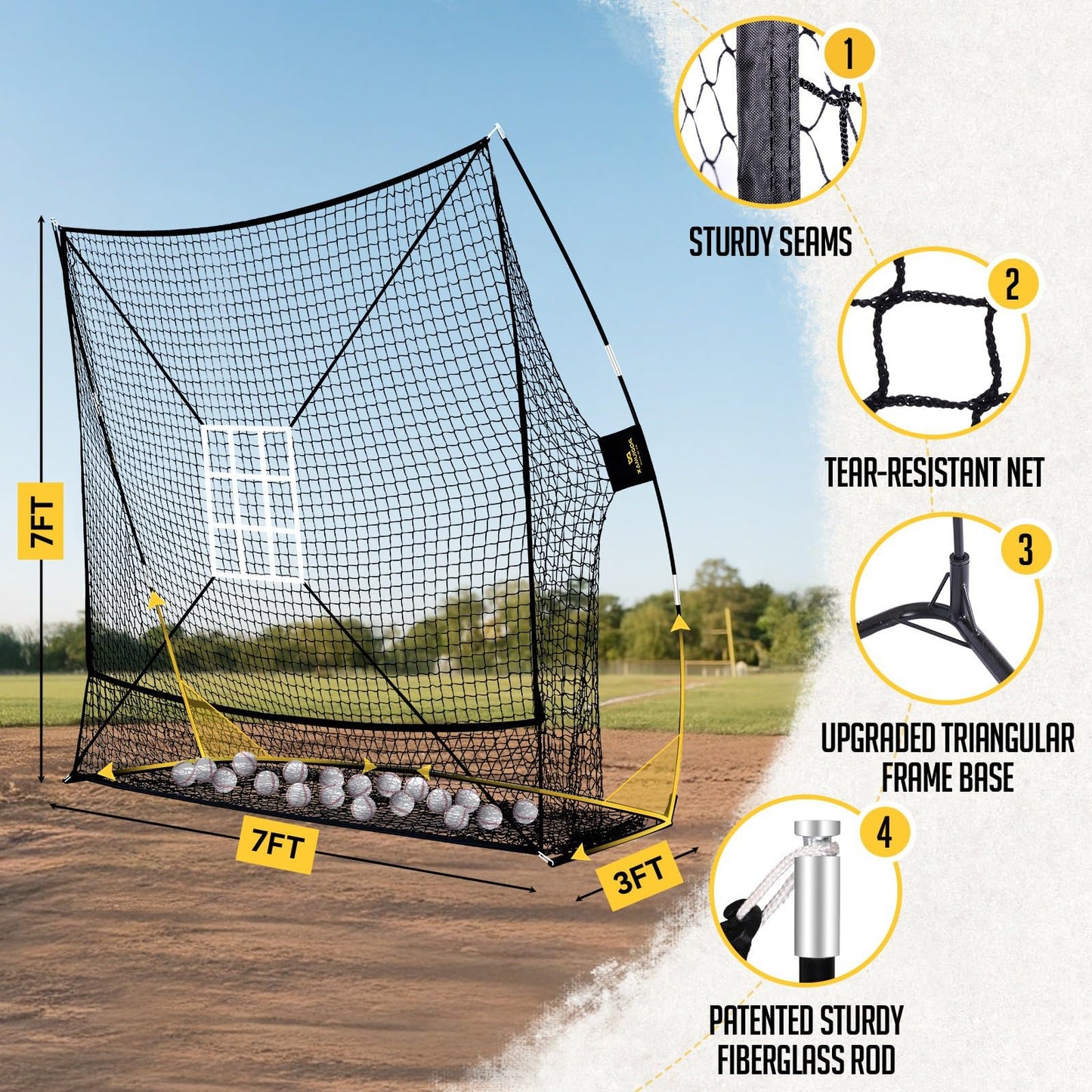 PodiuMax 7x7 Baseball & Softball Net with Large Ball Collection System, Upgraded Triangular Base, Softball Pitching Net with 2 Strike Zone, Baseball Nets for Batting, Pitching, Fielding