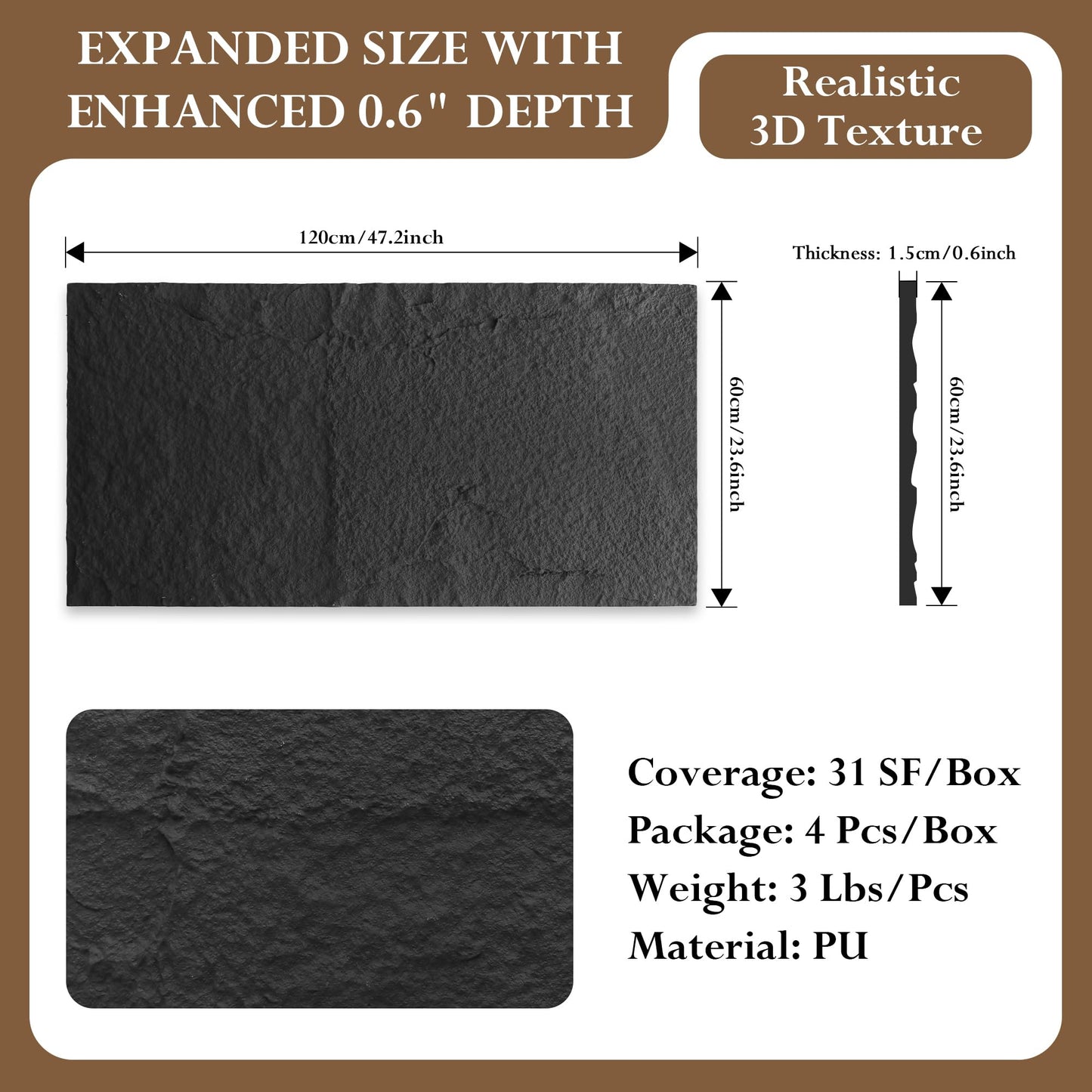 3D Stone Wall Panels, 4PCS PU Faux Stone Panels 47.24"x23.62", 3D Lightweight Wall Panels for Interior Wall Decor, Waterproof Stone Texture Panels for DIY, TV Wall, Bedroom, Living Room, Office & Home