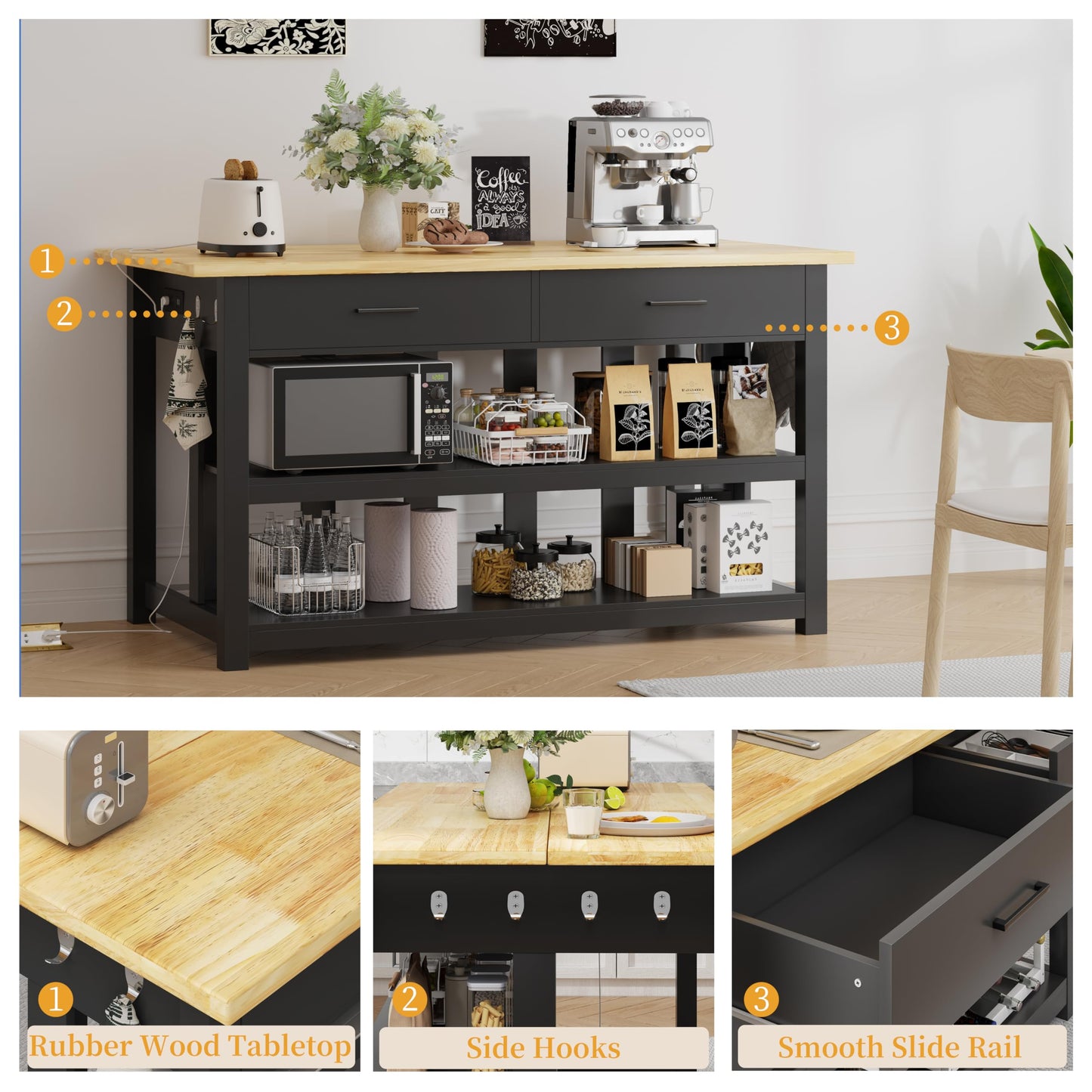 DynJest 47.3" Solid Rubberwood Kitchen Island with Power Outlets - Extra Large Work Surface, 2 Drawers & Open Shelves Storage Cabinet for Kitchen Dining Room, Farmhouse Style (Black)