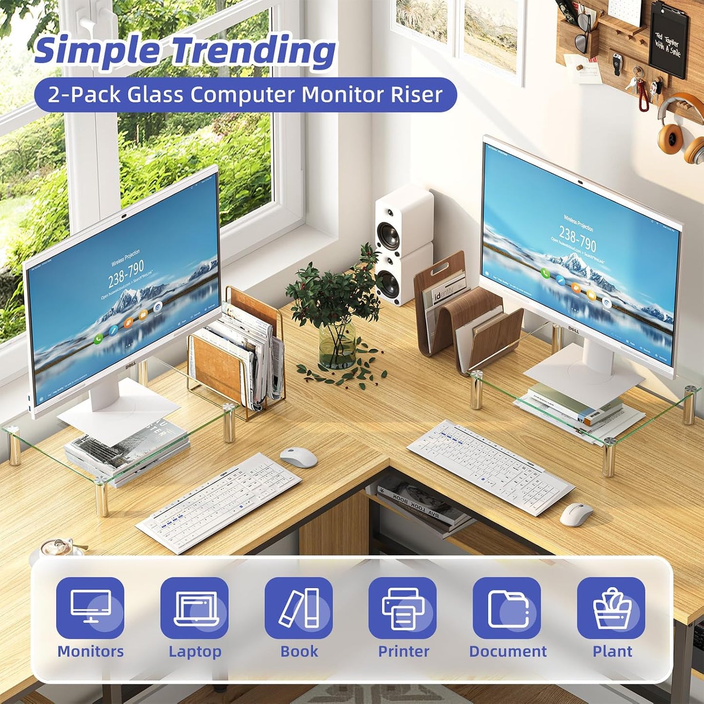2 Pack Simple Trending Computer Monitor Riser with Height Adjustable, Tempered Glass, Multi Media Desktop Stand
