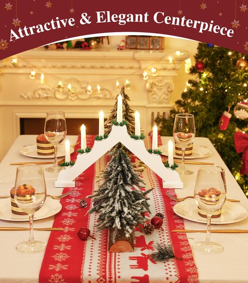 Lewondr Christmas Swedish Candelabra, Electric Candles with 7 Flameless Taper Candles, USB Powered Wooden Candle Bridge Light with Pine Needles, Decorative Xmas Candle Lights for Windows Wedding,White