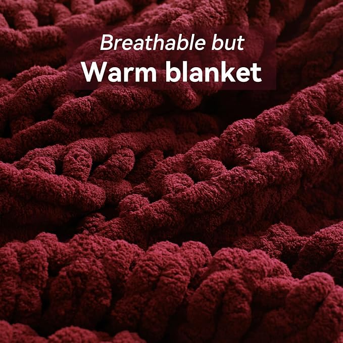 Negwoo Chunky Knit Throw Blanket, 80''*90'' Knitted Throw Chenille Yarn for Bed Couch, Handmade Red Crochet Big Thick Blanket, Machine Washable Cute Comfy Blanket for Home Decor