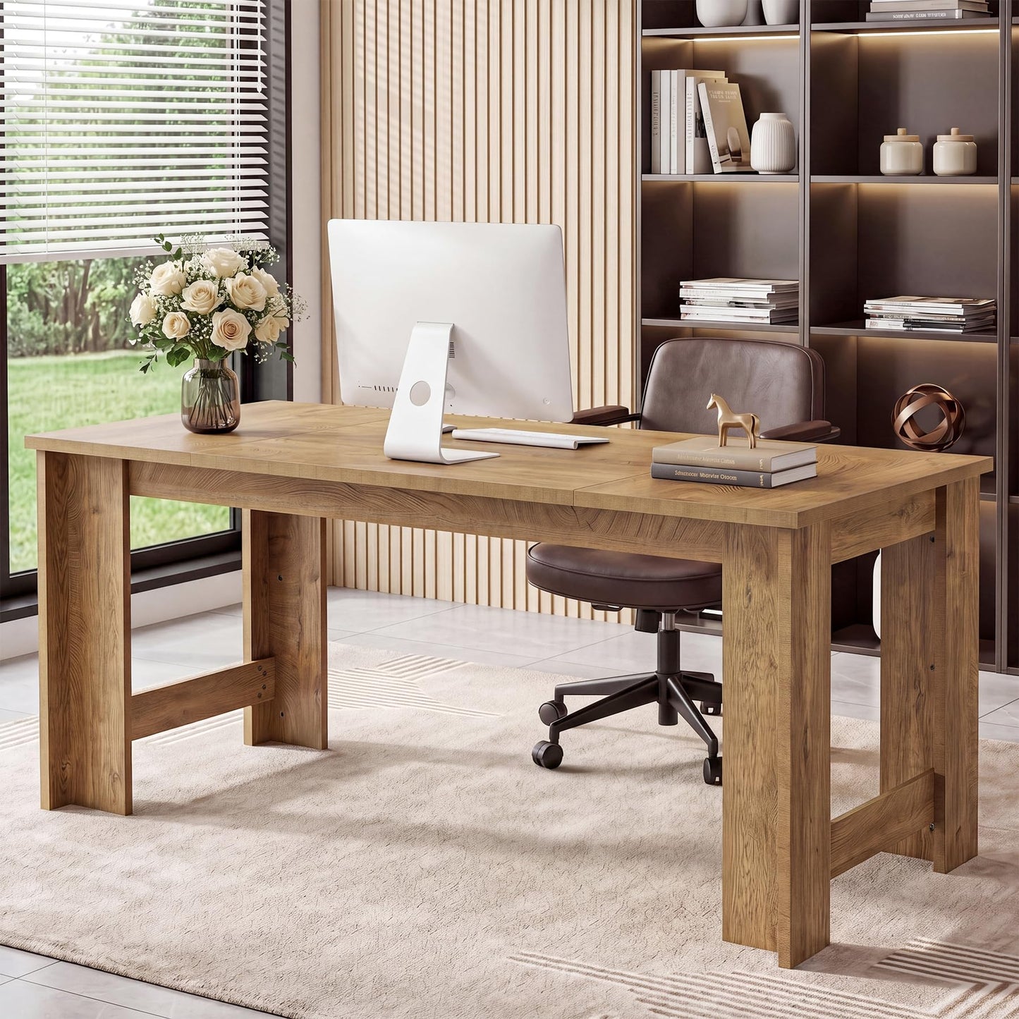 Tribesigns 70.8" Modern Executive Desk, Wooden Office Computer Desk, Long Workstation with Sturdy Panel Legs, Rectangular Writing Desk for Office, Business, Natural
