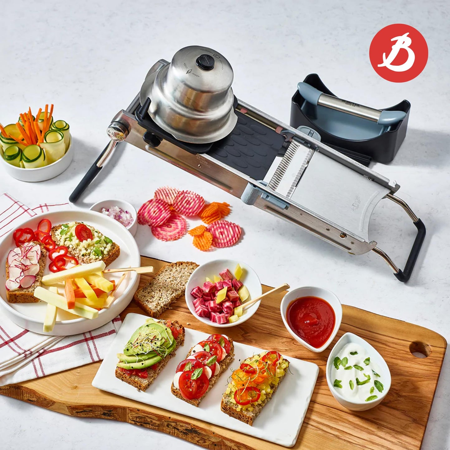 de Buyer LA MANDOLINE REVOLUTION MASTER - Removable, Double-Sided Stainless Steel Blade - Ideal for Cutting, Shredding, Dicing & Cubing - Includes 6 Julienne Blades & Extra Pusher - Made in France