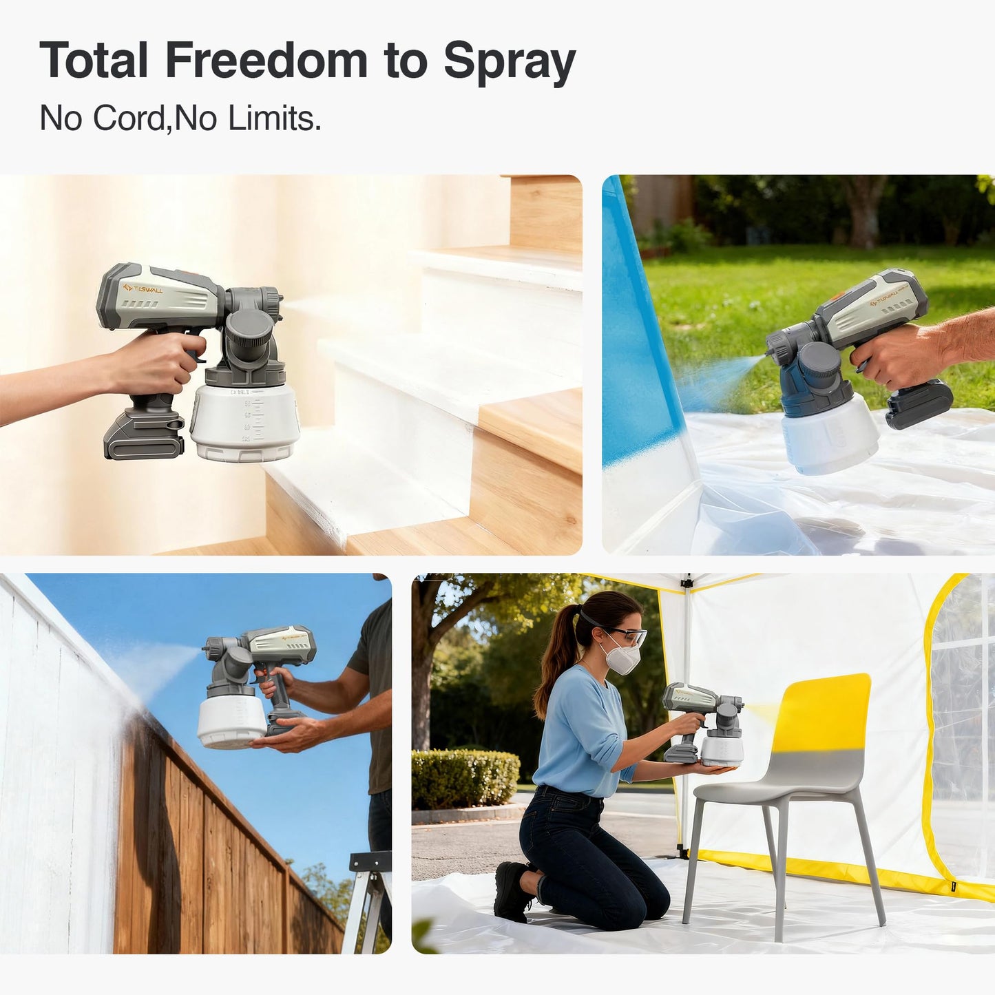 Tilswall Brushless Cordless Paint Sprayer Compatible with Dew 20V Battery (Battery Not Included), Easy Side-Fill, Electric HVLP Spray Paint Gun for House Painting, Furniture, Outdoor (White, 1300 ml)