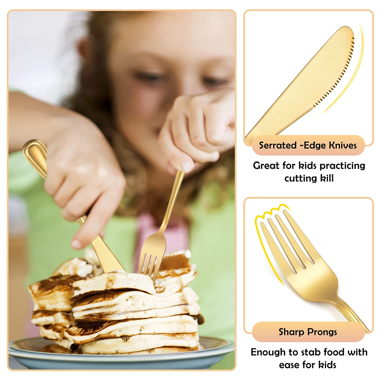 12-Piece Gold Kids Silverware, E-far Stainless Steel Toddler Kids Utensils Safe for Preschooler/Children, Includes 4 Forks 4 Spoons 4 Knife, Slimline Look & Small Size, Healthy & Rust Free