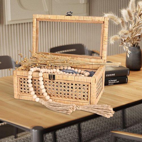 HUAXIN CRAFT H Rattan Decorative Box Set - Rectangular Woven Design with Glass Lid for Stylish Display