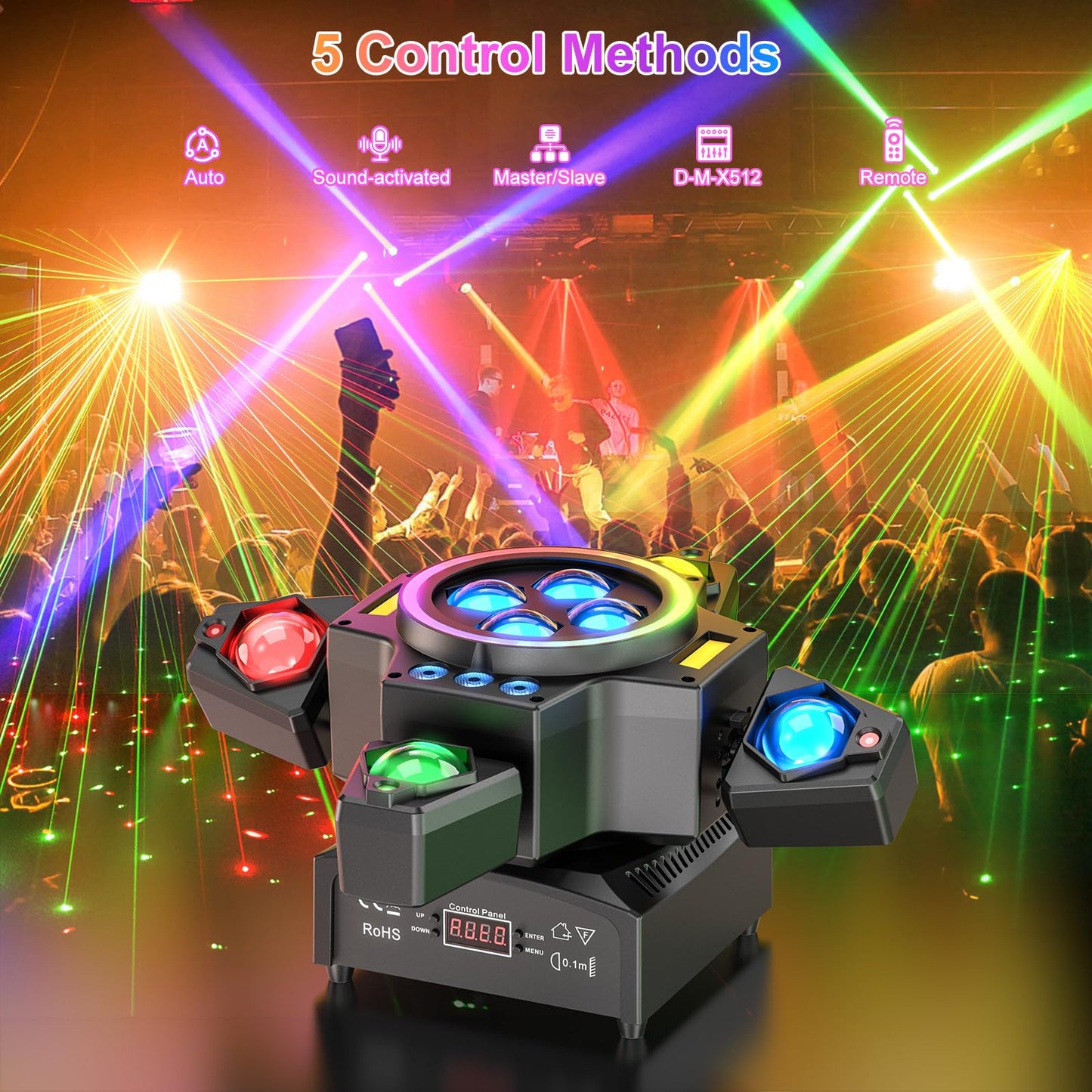 120W Stage Moving Head Light,4 Arms RGBW 4-in-1 Stage Lighting Beam/Wash/Red Green Starry Sky Golden Strobe RGB Halo Effect Light,Sound-Active/DMX/Remote Control for Party Club Stage Show