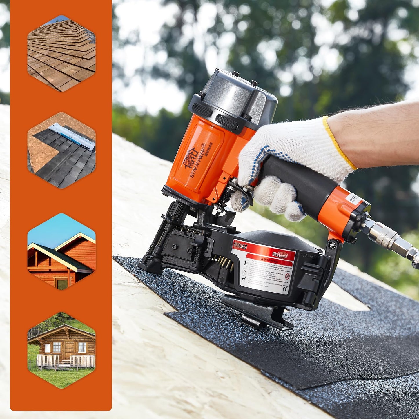 Stafanailer NVH45 Roofing Nail Gun, 15 Degree Pneumatic Pistola De Roofing, 7/8" to 1-3/4" Nails Compatibility, 3/8 NPT Air Connector, 120-Pcs Load Capacity for Roofing Constructions (Org-Blk Ver)