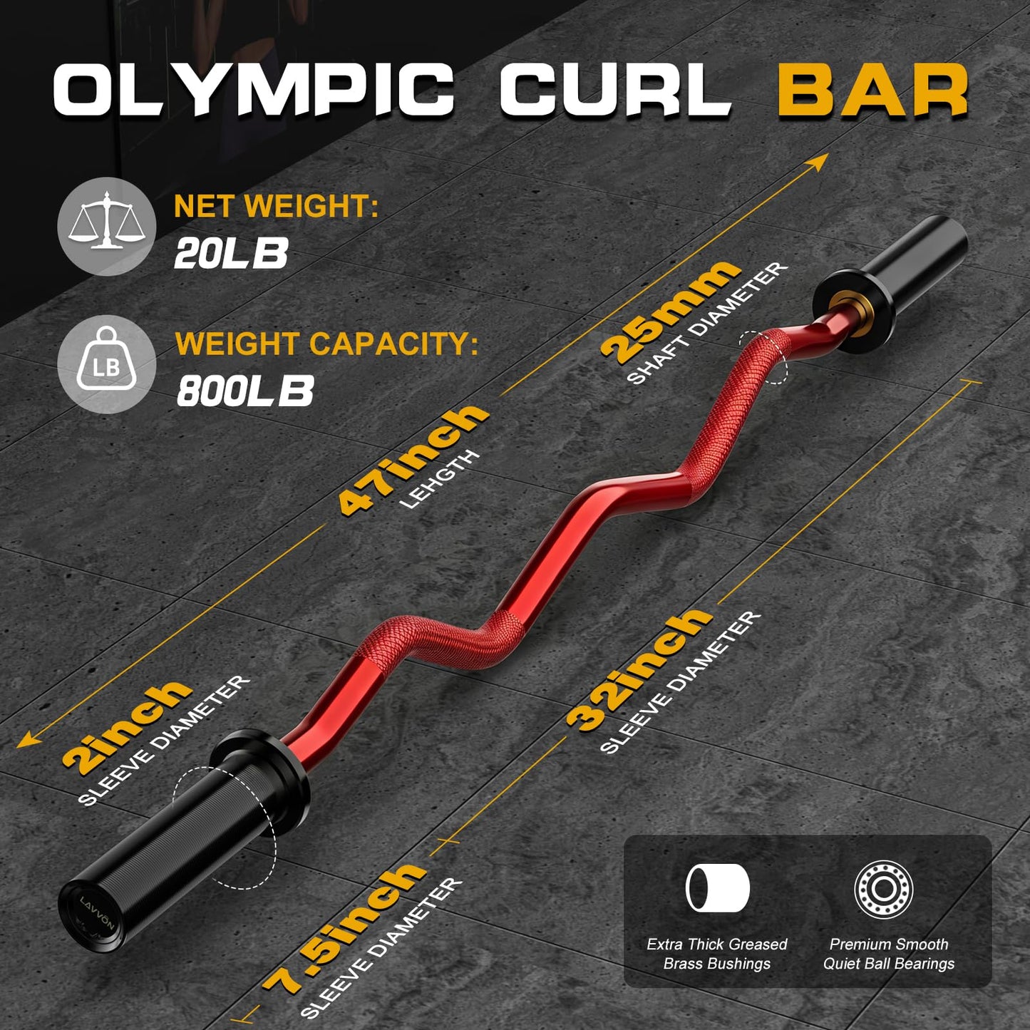 Olympic EZ Curl Barbell Bar 47",Mute Bearings - 2" Curl Bar for Weight Lifting, Hip Thrusts,Biceps,Squat-Home Gym Weight Bar-Chrome Curling Strength Training, 2Pcs Collars(800lbs Weight Capacity) (Red)