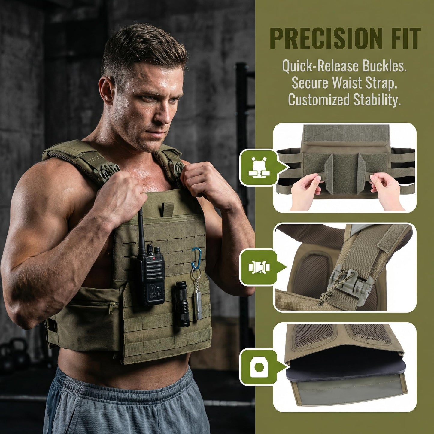Adjustable Weighted Vest for Men & Women – Fitness Workout Vest with Removable Weights, Breathable Mesh, Secure Adjustable Straps for Running, Walking & Strength Training (OD.Green)