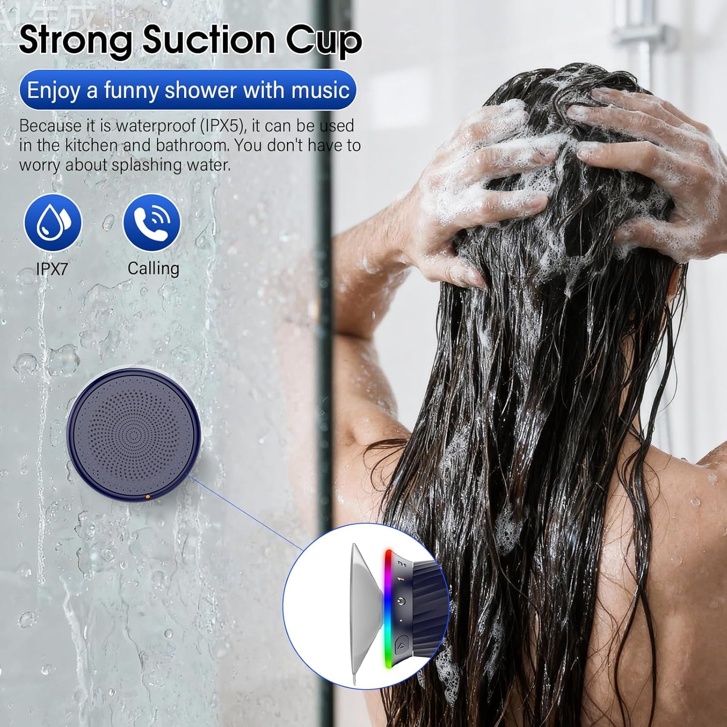 ZYHKON IPX5 5.3 8H Rotary Bluetooth Shower Speaker with RGB Lights, Waterproof Portable Speaker with Suction Cup, Deep