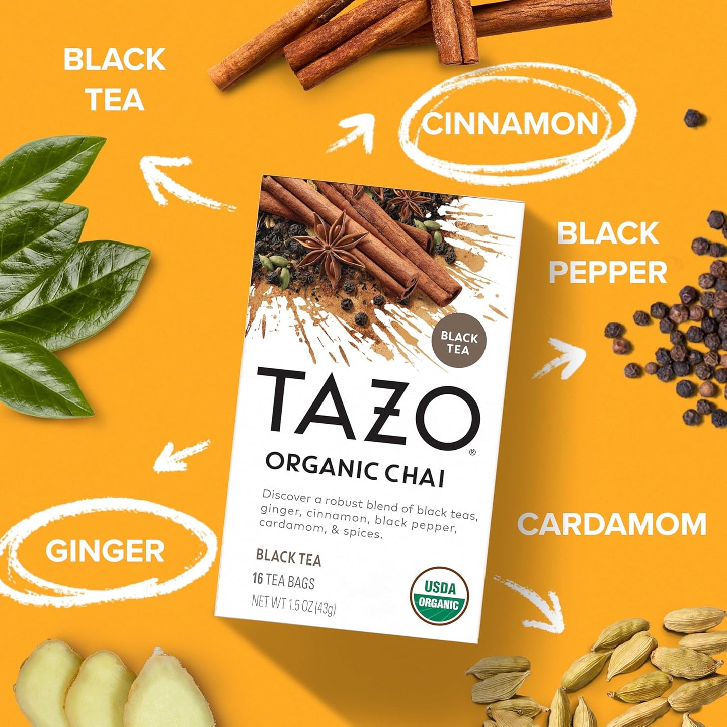 TAZO Organic Chai Black Tea Bags - Spiced Blend with Ginger, Cinnamon & Cardamom | 96 Total Bags (16ct x 6)